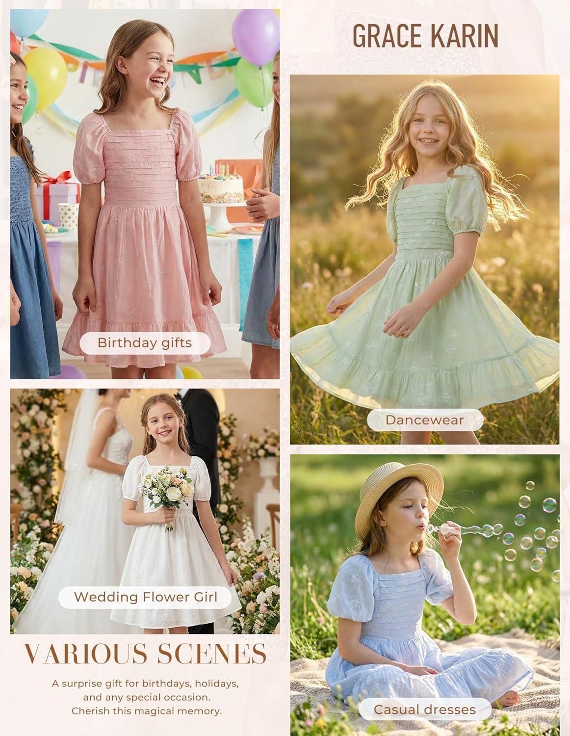 imageGRACE KARIN Girls Summer Tie Back Dress Square Neck Lantern Sleeve Ruffle Hem Elegant Dresses for 714 YearsGreen