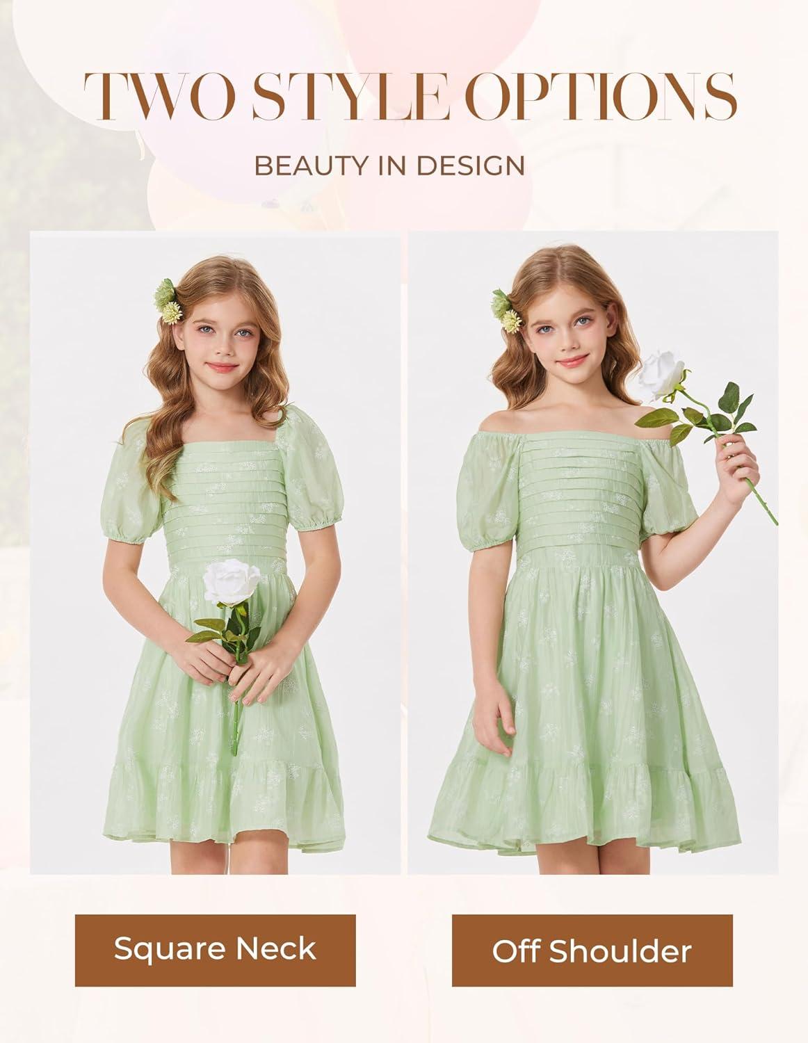 imageGRACE KARIN Girls Summer Tie Back Dress Square Neck Lantern Sleeve Ruffle Hem Elegant Dresses for 714 YearsGreen