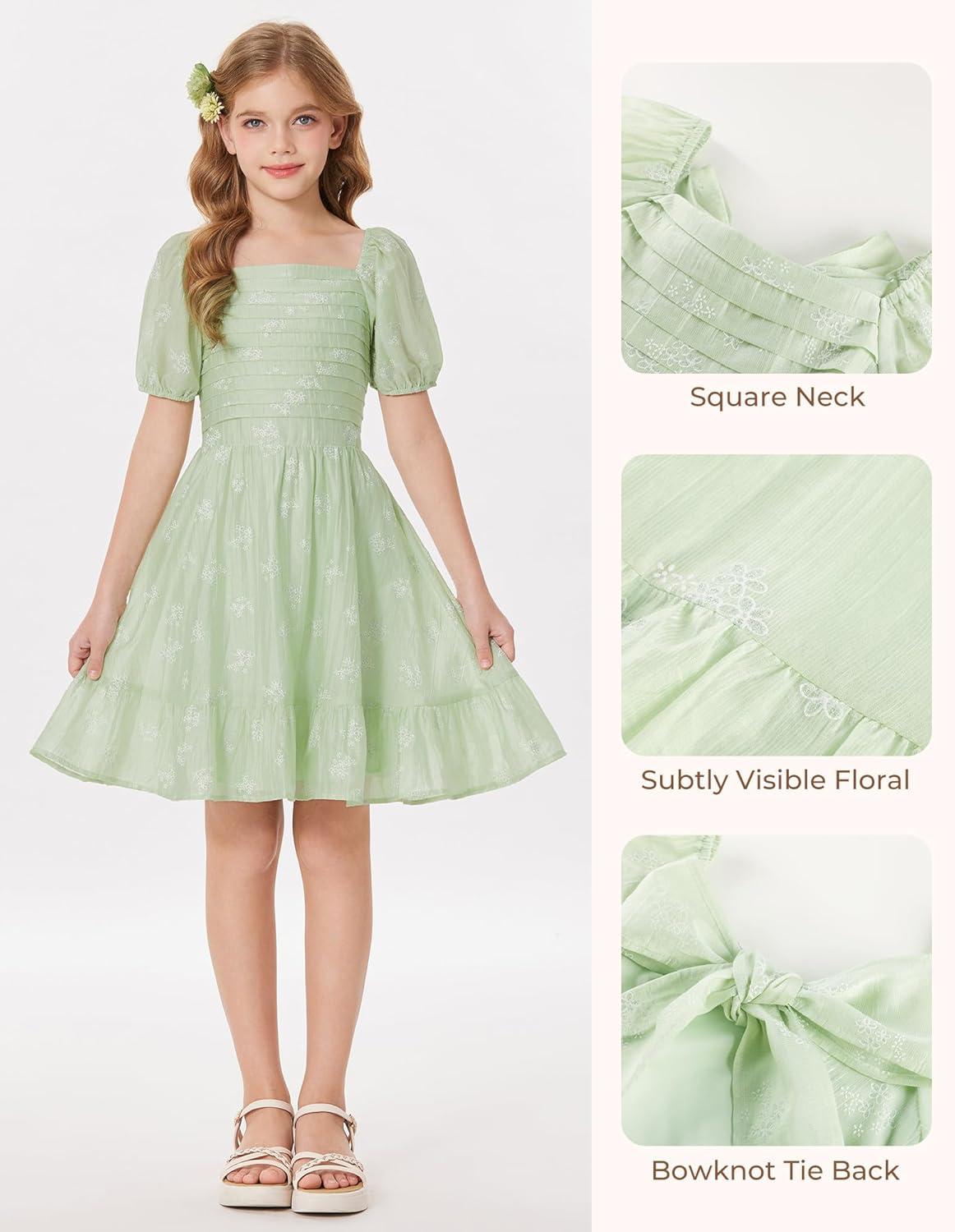 imageGRACE KARIN Girls Summer Tie Back Dress Square Neck Lantern Sleeve Ruffle Hem Elegant Dresses for 714 YearsGreen