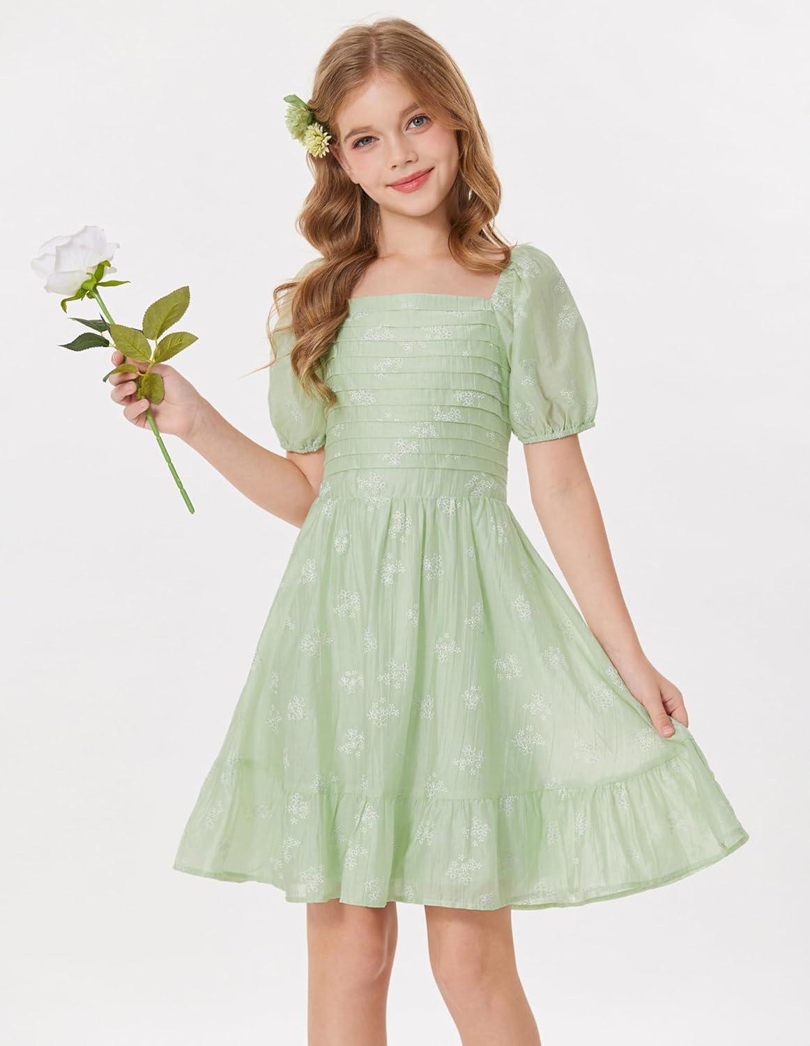 imageGRACE KARIN Girls Summer Tie Back Dress Square Neck Lantern Sleeve Ruffle Hem Elegant Dresses for 714 YearsGreen