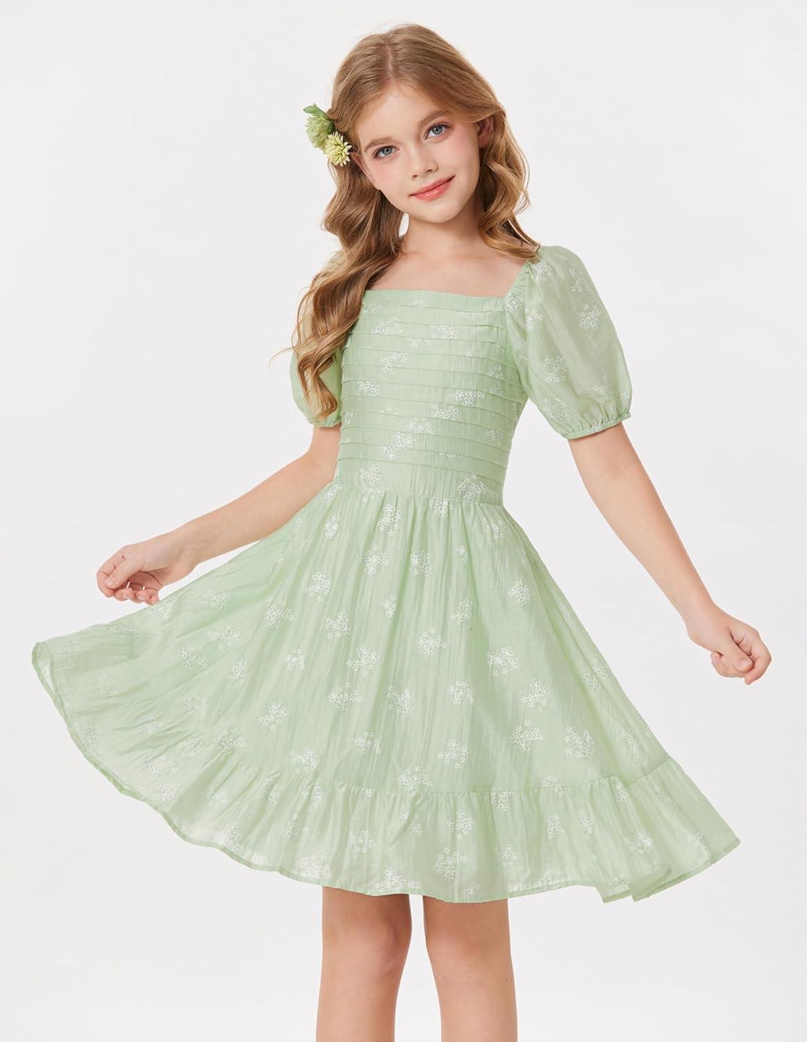 imageGRACE KARIN Girls Summer Tie Back Dress Square Neck Lantern Sleeve Ruffle Hem Elegant Dresses for 714 YearsGreen