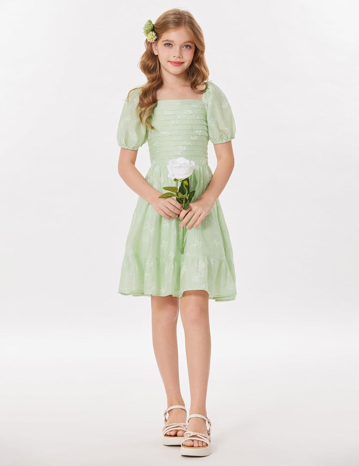 imageGRACE KARIN Girls Summer Tie Back Dress Square Neck Lantern Sleeve Ruffle Hem Elegant Dresses for 714 YearsGreen