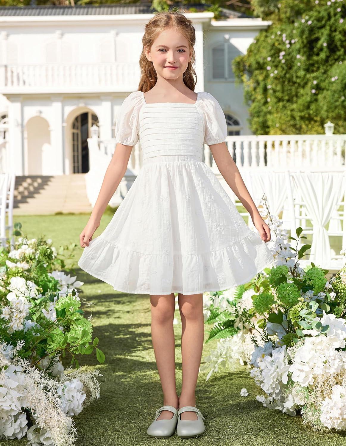 imageGRACE KARIN Girls Summer Tie Back Dress Square Neck Lantern Sleeve Ruffle Hem Elegant Dresses for 714 YearsWhite