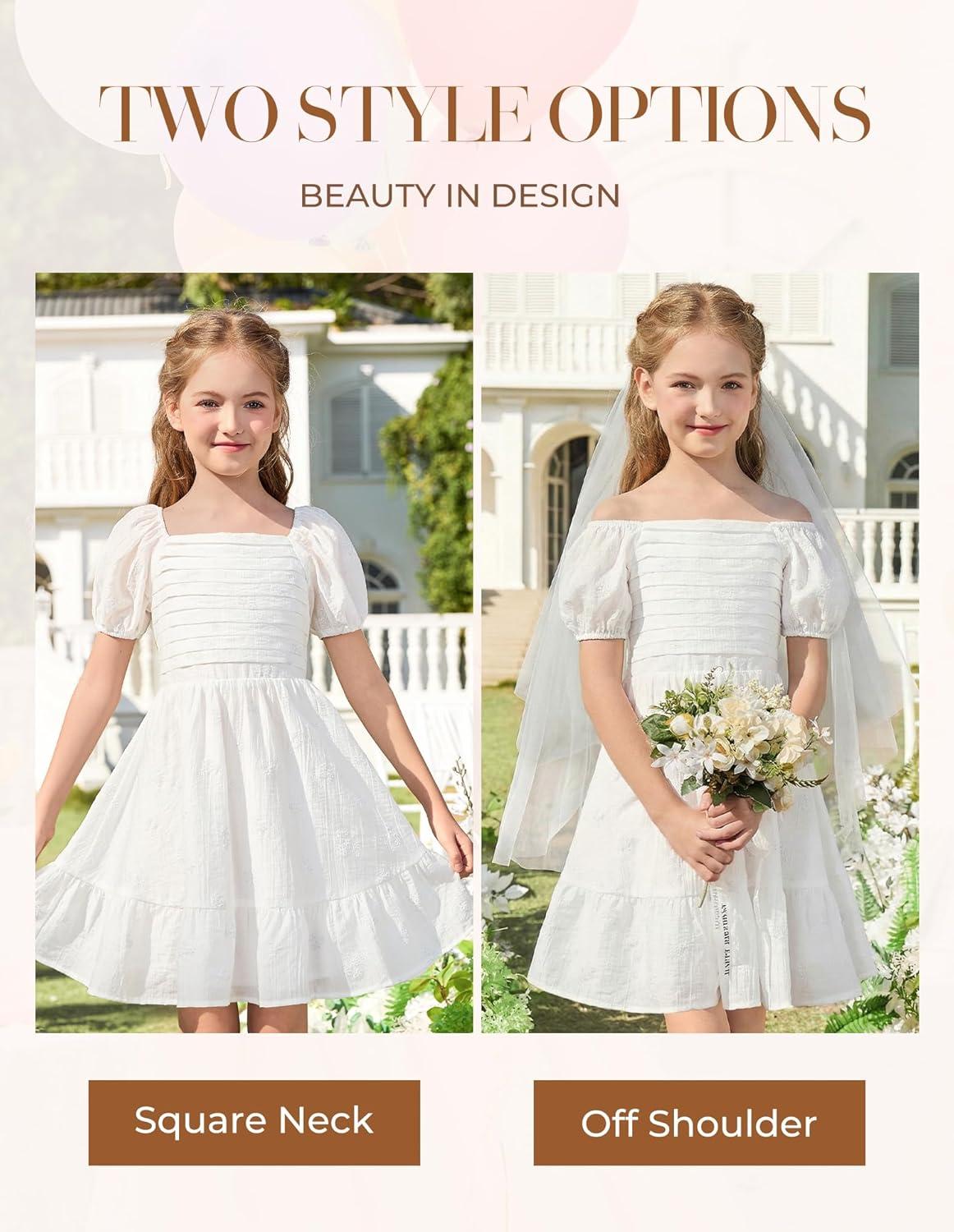 imageGRACE KARIN Girls Summer Tie Back Dress Square Neck Lantern Sleeve Ruffle Hem Elegant Dresses for 714 YearsWhite