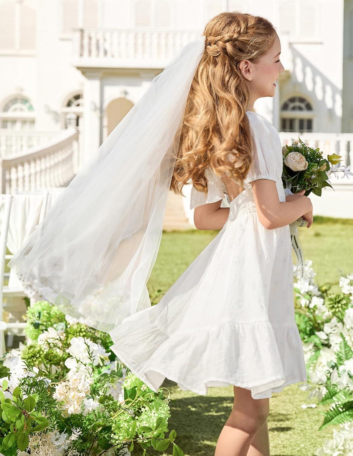 imageGRACE KARIN Girls Summer Tie Back Dress Square Neck Lantern Sleeve Ruffle Hem Elegant Dresses for 714 YearsWhite