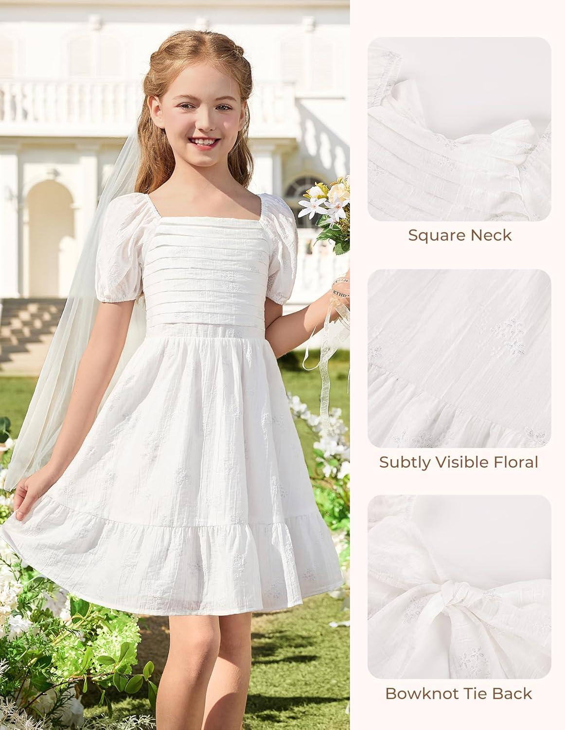 imageGRACE KARIN Girls Summer Tie Back Dress Square Neck Lantern Sleeve Ruffle Hem Elegant Dresses for 714 YearsWhite