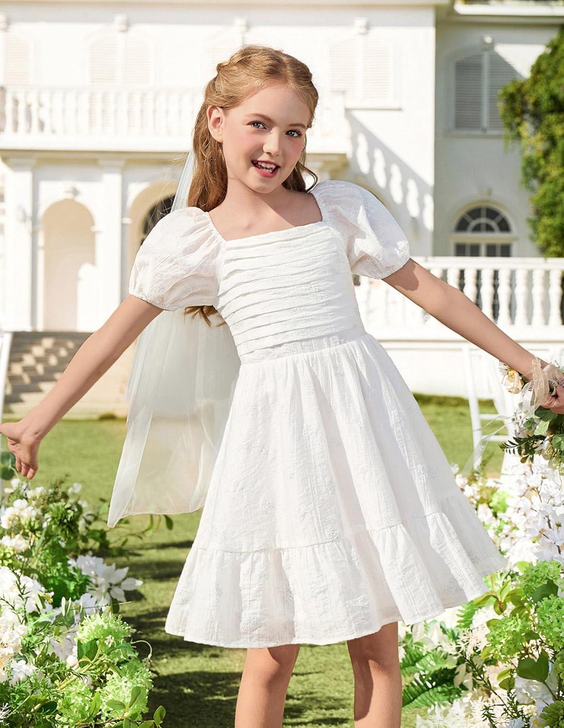 imageGRACE KARIN Girls Summer Tie Back Dress Square Neck Lantern Sleeve Ruffle Hem Elegant Dresses for 714 YearsWhite