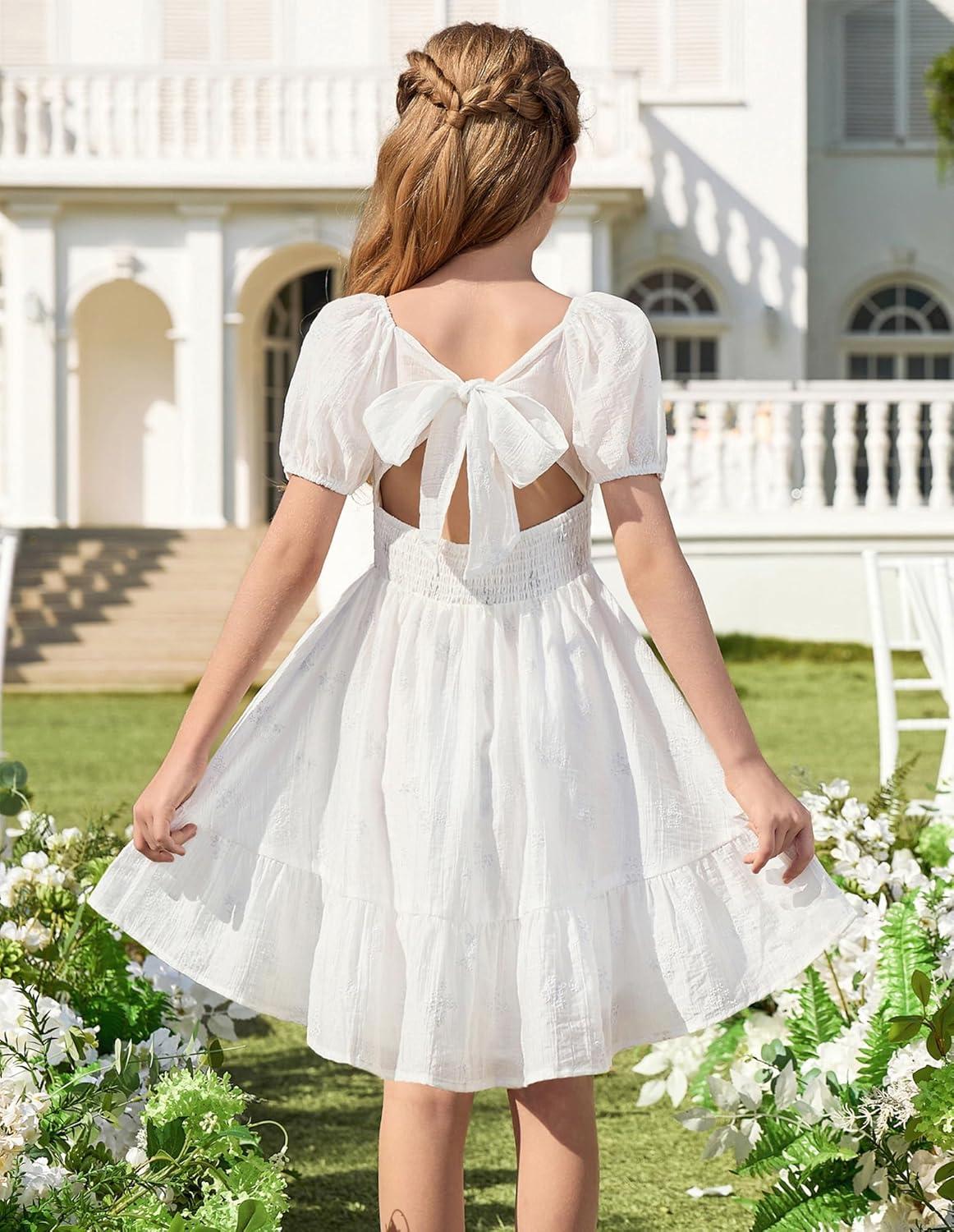 imageGRACE KARIN Girls Summer Tie Back Dress Square Neck Lantern Sleeve Ruffle Hem Elegant Dresses for 714 YearsWhite