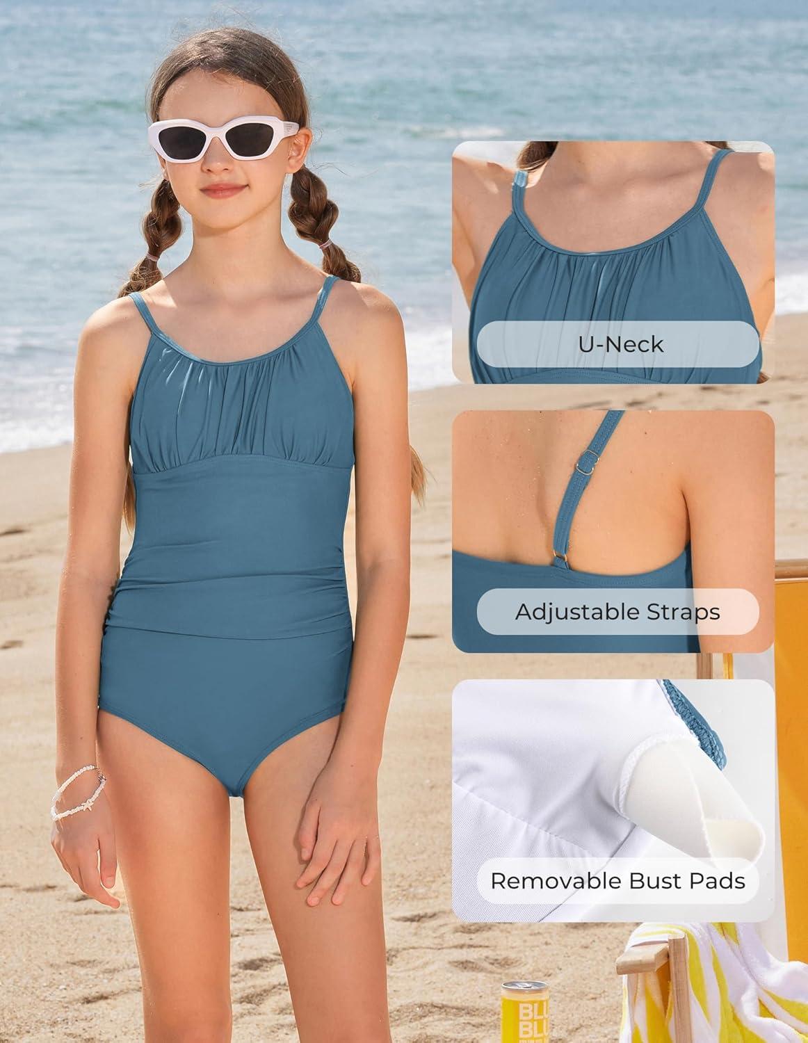 imageGRACE KARIN Girls Swimsuit One Piece Bathing Suits for Teens Ruched Adjustable Straps Padded Swimwear 716yBlue