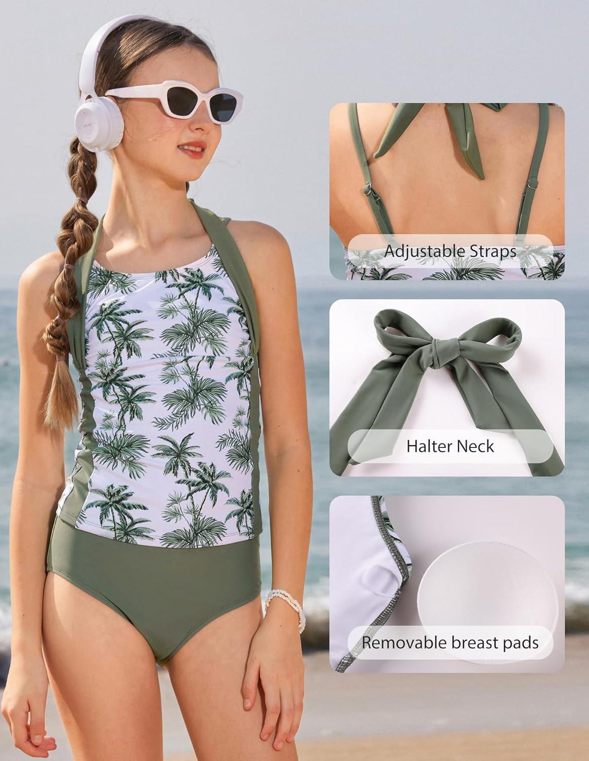imageGRACE KARIN Girls Swimsuits for Teens 816 Two Piece Tankini Bathing Suit Teen Girl Swimming SuitsGreen