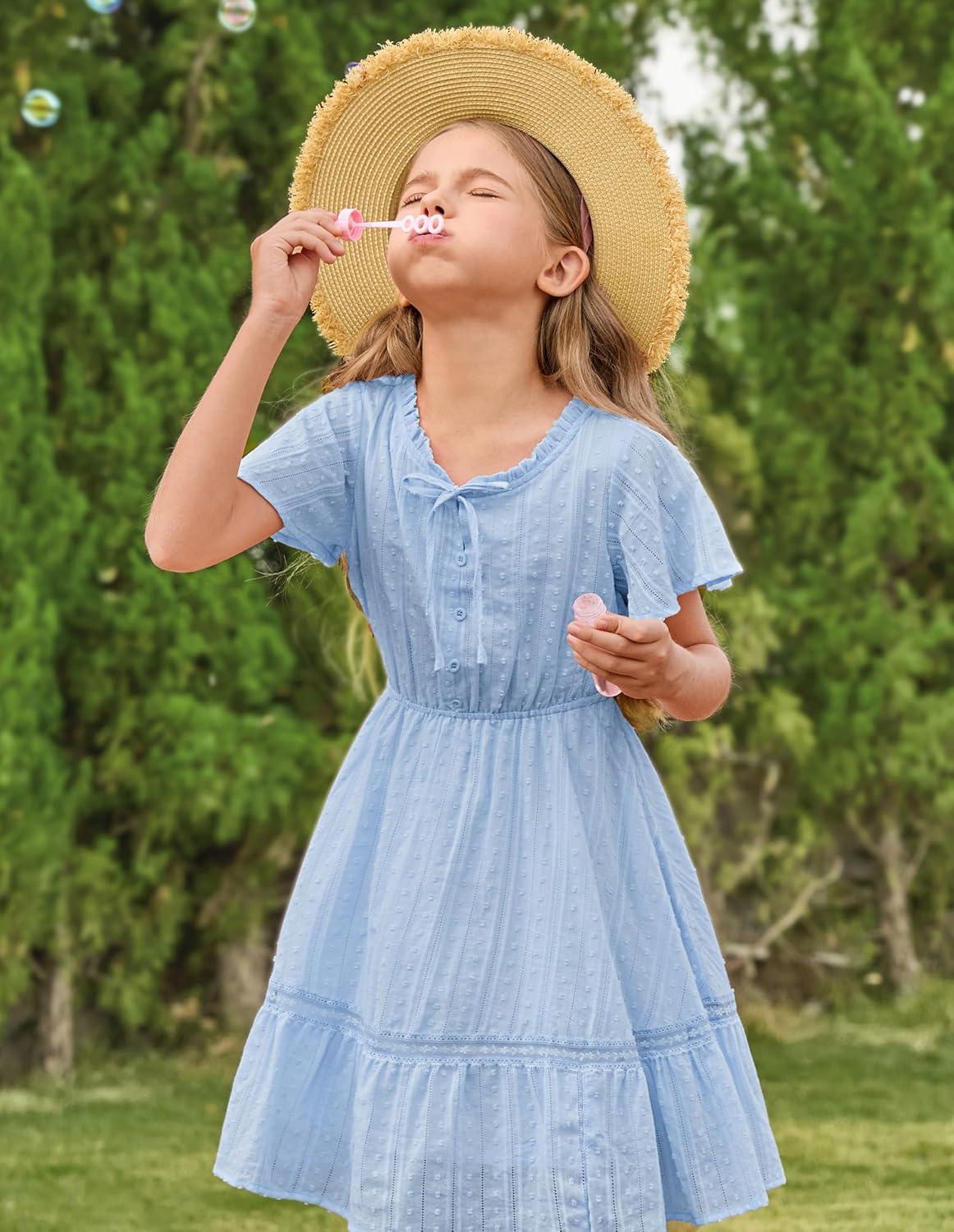 imageGRACE KARIN Girls Swiss Dot Dress Cotton Casual Summer Short Sleeve A Line Party Birthday Beach Kids 714Light Blue