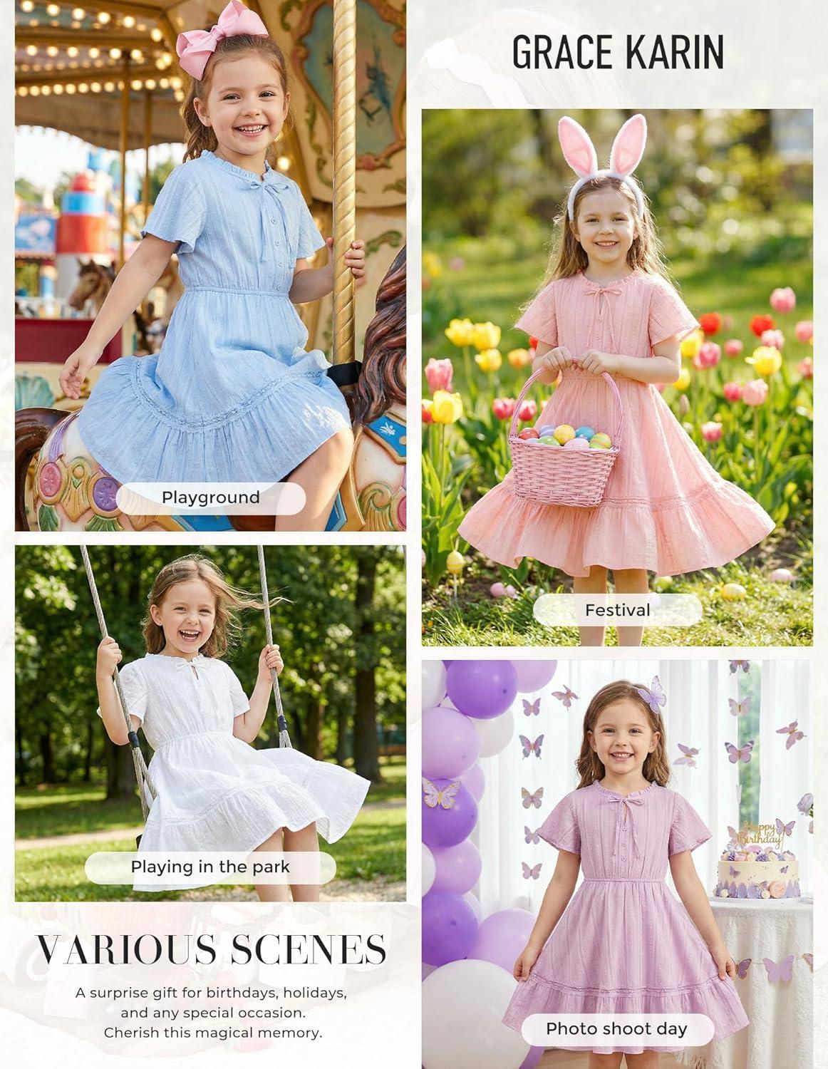 imageGRACE KARIN Girls Swiss Dot Dress Cotton Casual Summer Short Sleeve A Line Party Birthday Beach Kids 714Light Blue