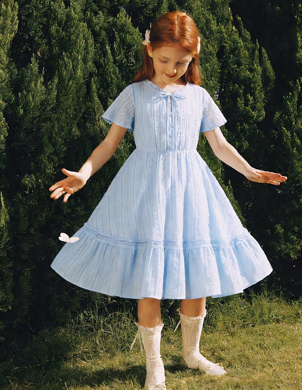 imageGRACE KARIN Girls Swiss Dot Dress Cotton Casual Summer Short Sleeve A Line Party Birthday Beach Kids 714Light Blue