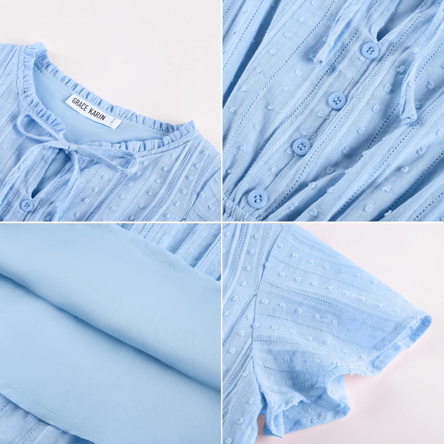 imageGRACE KARIN Girls Swiss Dot Dress Cotton Casual Summer Short Sleeve A Line Party Birthday Beach Kids 714Light Blue