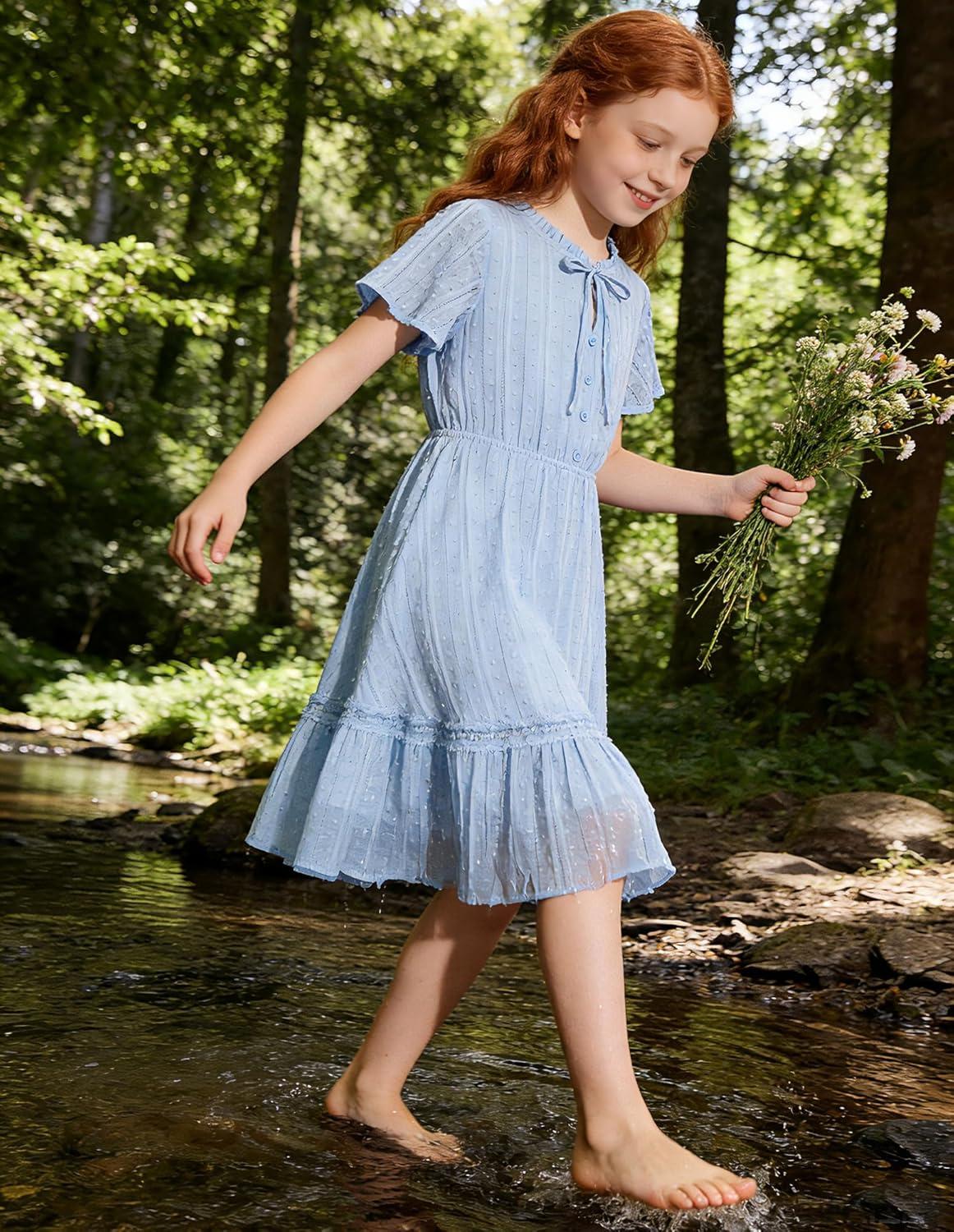 imageGRACE KARIN Girls Swiss Dot Dress Cotton Casual Summer Short Sleeve A Line Party Birthday Beach Kids 714Light Blue