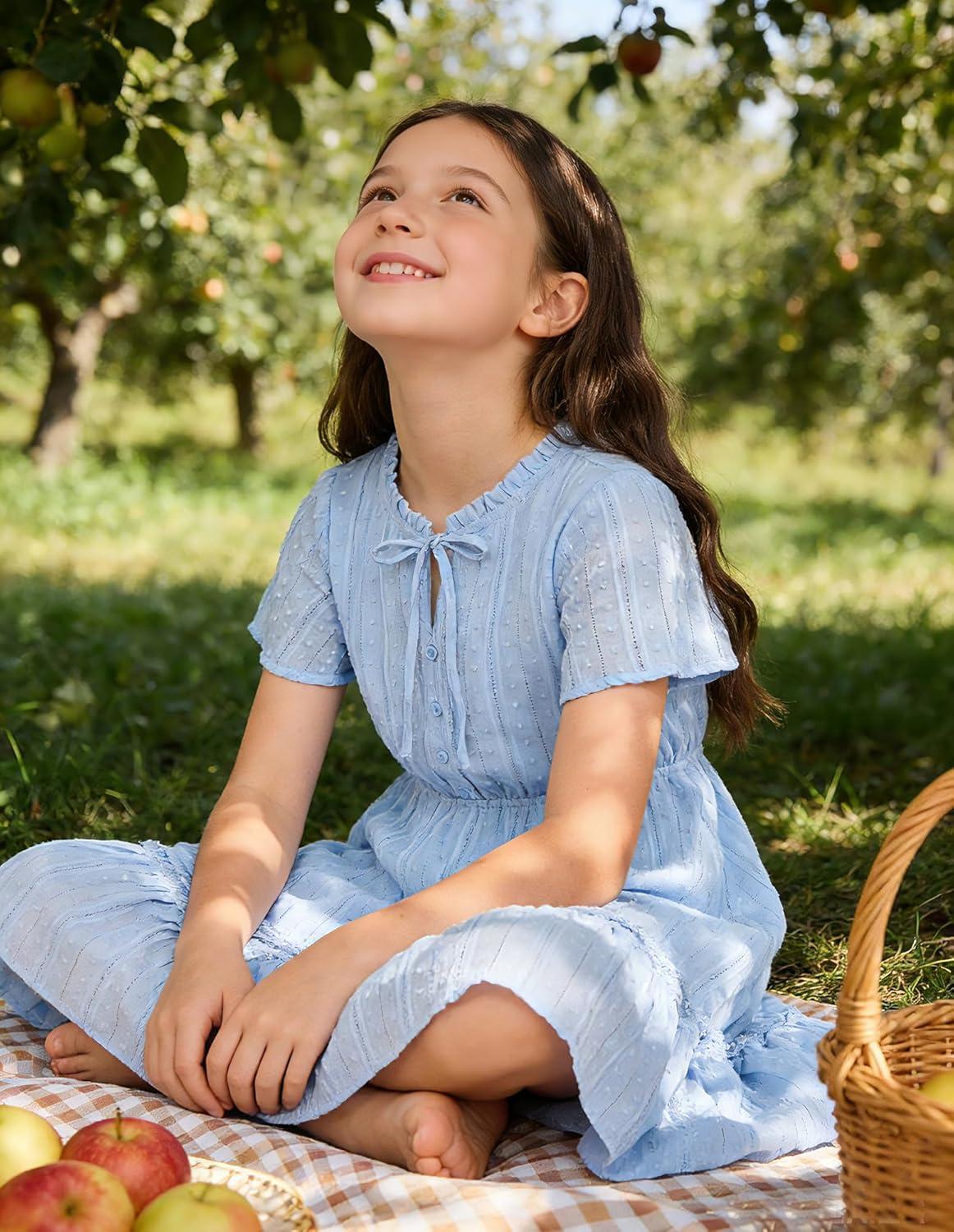 imageGRACE KARIN Girls Swiss Dot Dress Cotton Casual Summer Short Sleeve A Line Party Birthday Beach Kids 714Light Blue