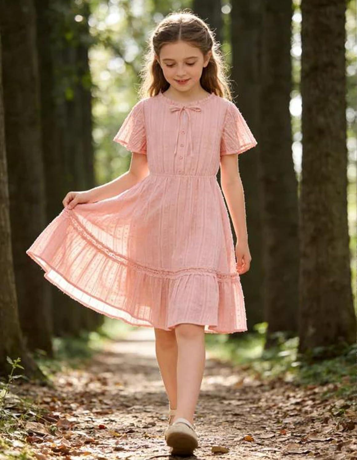 imageGRACE KARIN Girls Swiss Dot Dress Cotton Casual Summer Short Sleeve A Line Party Birthday Beach Kids 714Light Pink