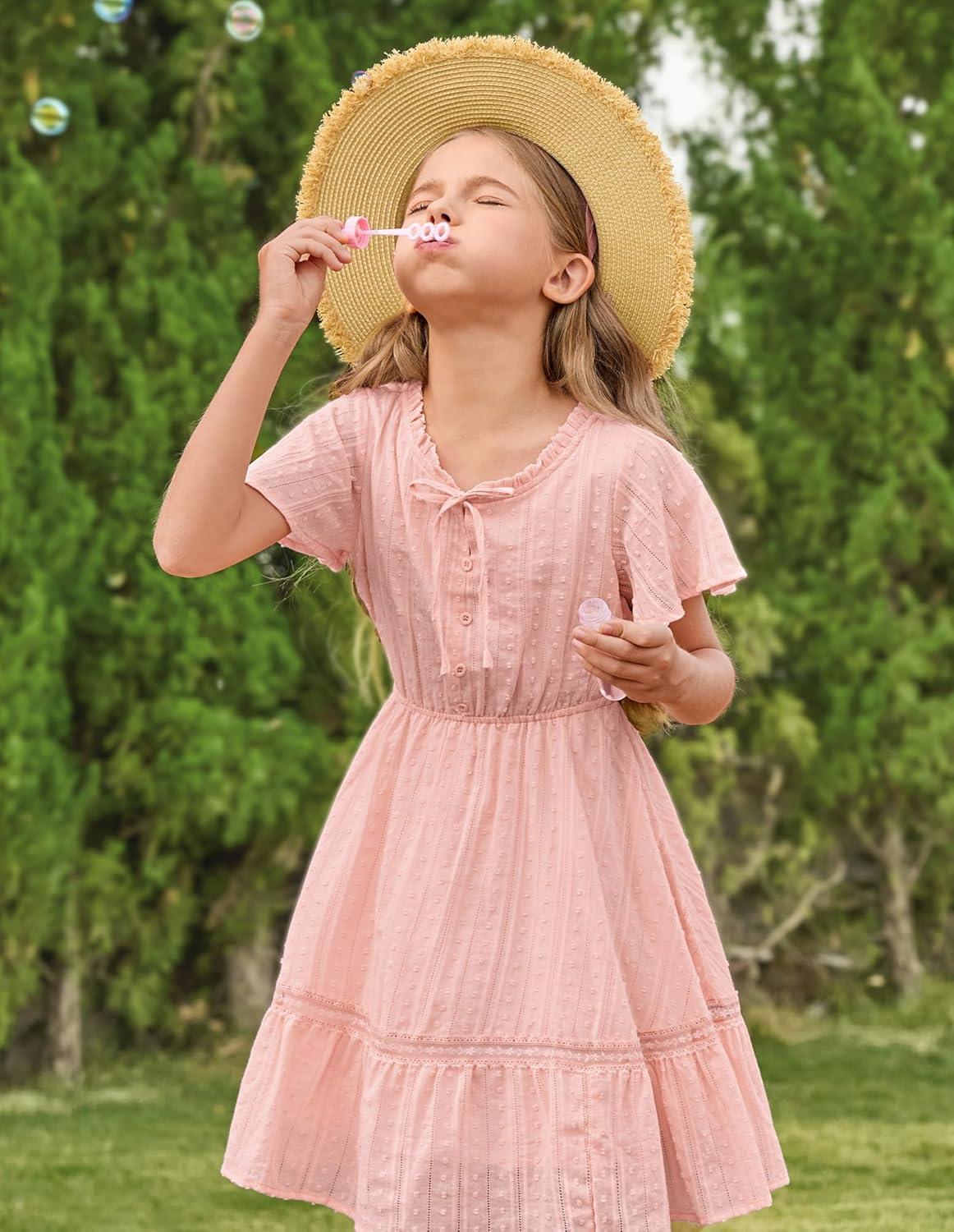 imageGRACE KARIN Girls Swiss Dot Dress Cotton Casual Summer Short Sleeve A Line Party Birthday Beach Kids 714Light Pink