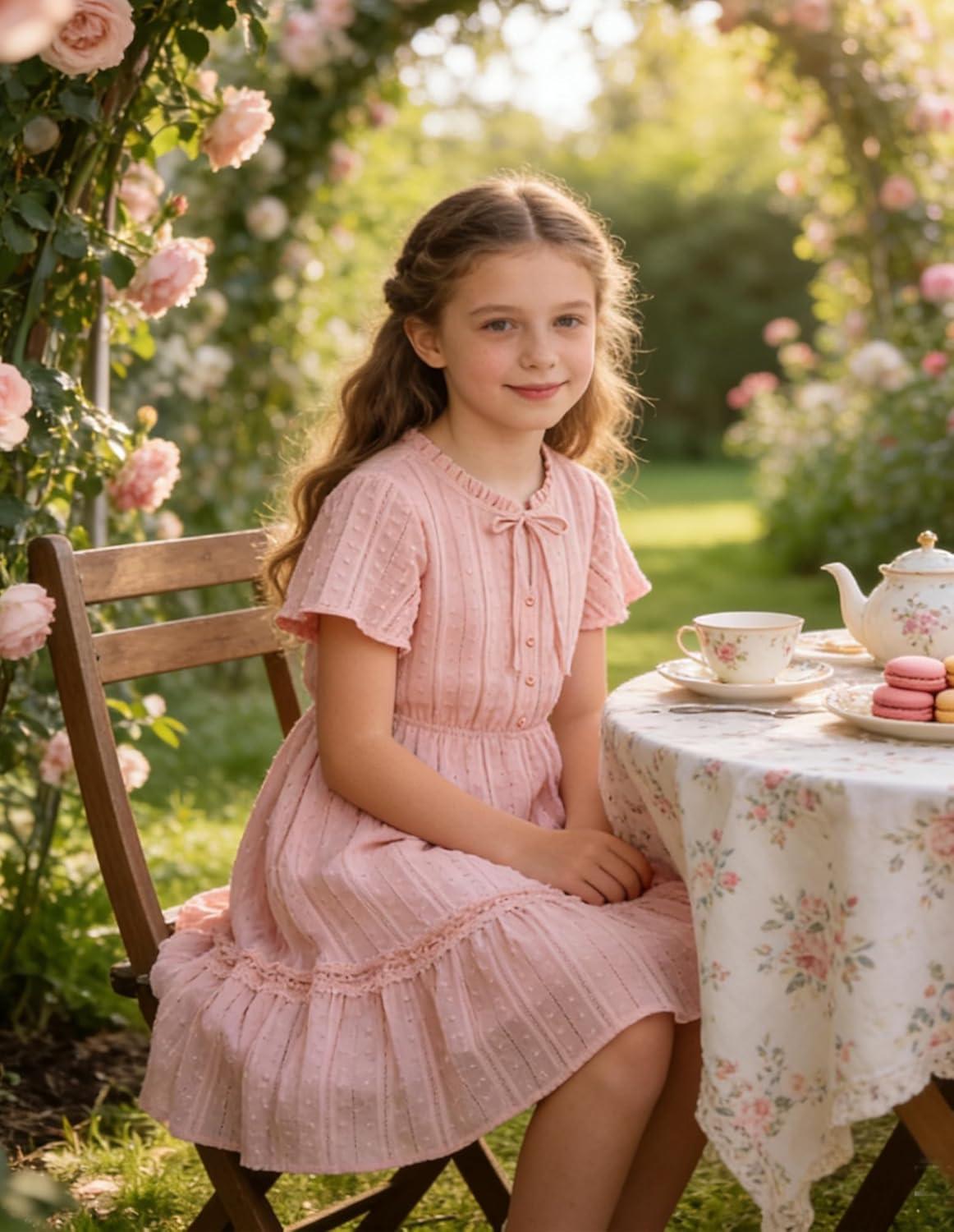 imageGRACE KARIN Girls Swiss Dot Dress Cotton Casual Summer Short Sleeve A Line Party Birthday Beach Kids 714Light Pink