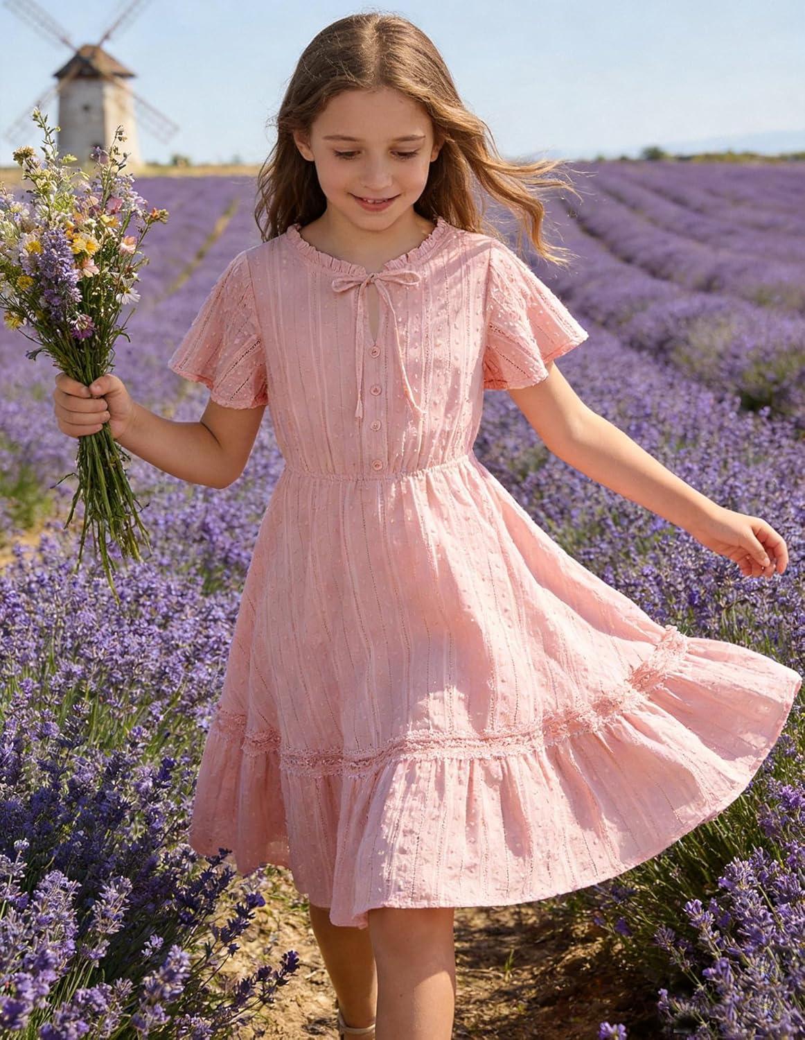 imageGRACE KARIN Girls Swiss Dot Dress Cotton Casual Summer Short Sleeve A Line Party Birthday Beach Kids 714Light Pink