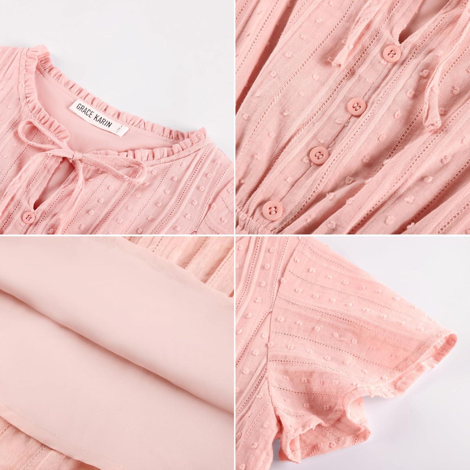 imageGRACE KARIN Girls Swiss Dot Dress Cotton Casual Summer Short Sleeve A Line Party Birthday Beach Kids 714Light Pink