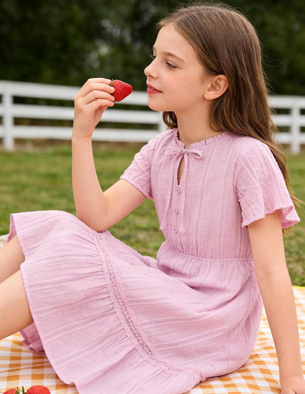 imageGRACE KARIN Girls Swiss Dot Dress Cotton Casual Summer Short Sleeve A Line Party Birthday Beach Kids 714Purple