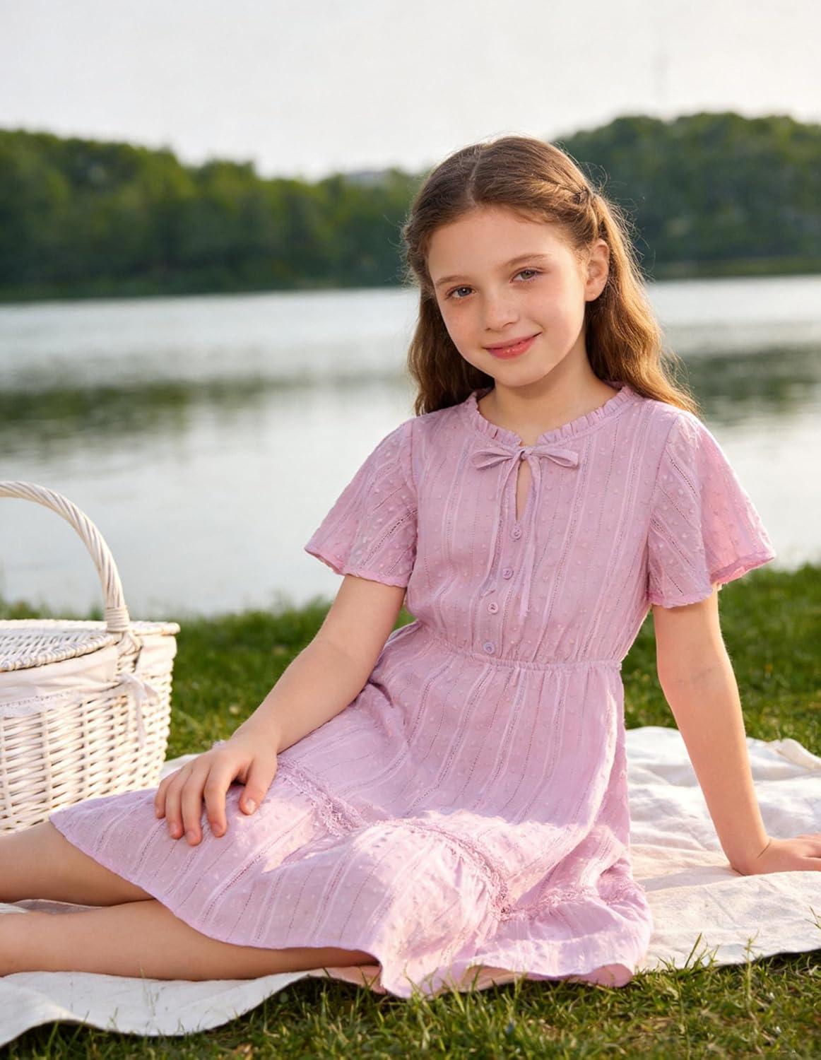 imageGRACE KARIN Girls Swiss Dot Dress Cotton Casual Summer Short Sleeve A Line Party Birthday Beach Kids 714Purple