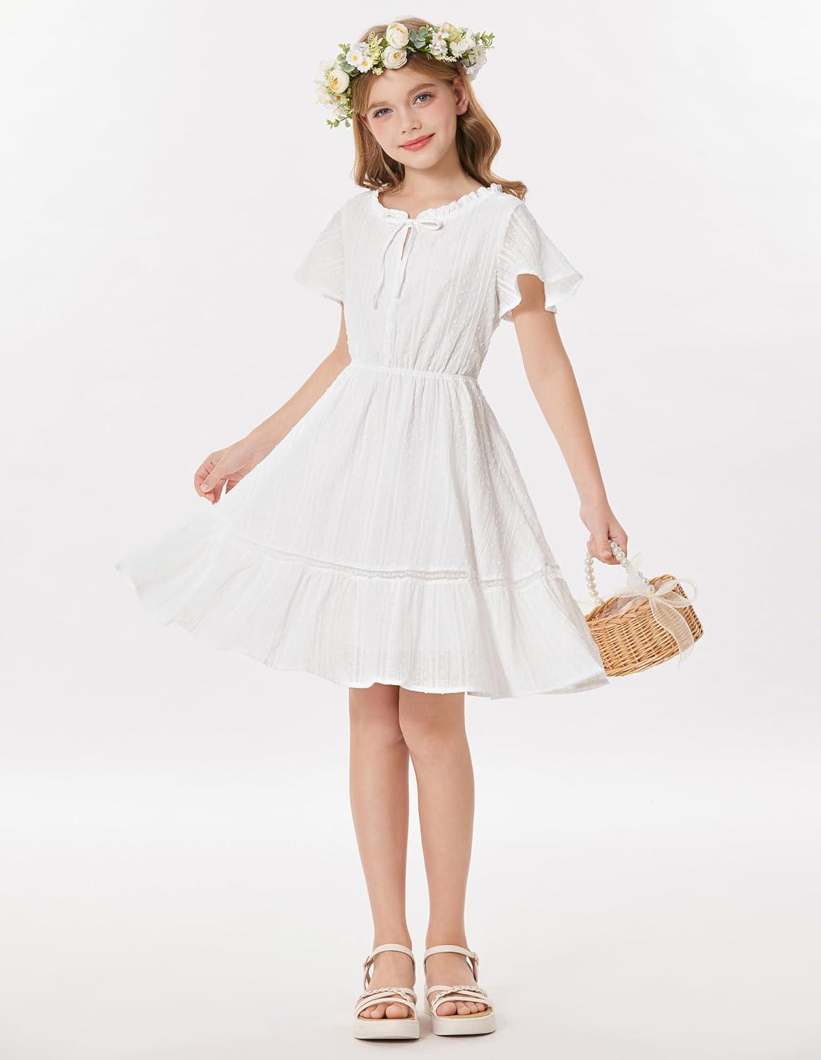 imageGRACE KARIN Girls Swiss Dot Dress Cotton Casual Summer Short Sleeve A Line Party Birthday Beach Kids 714White