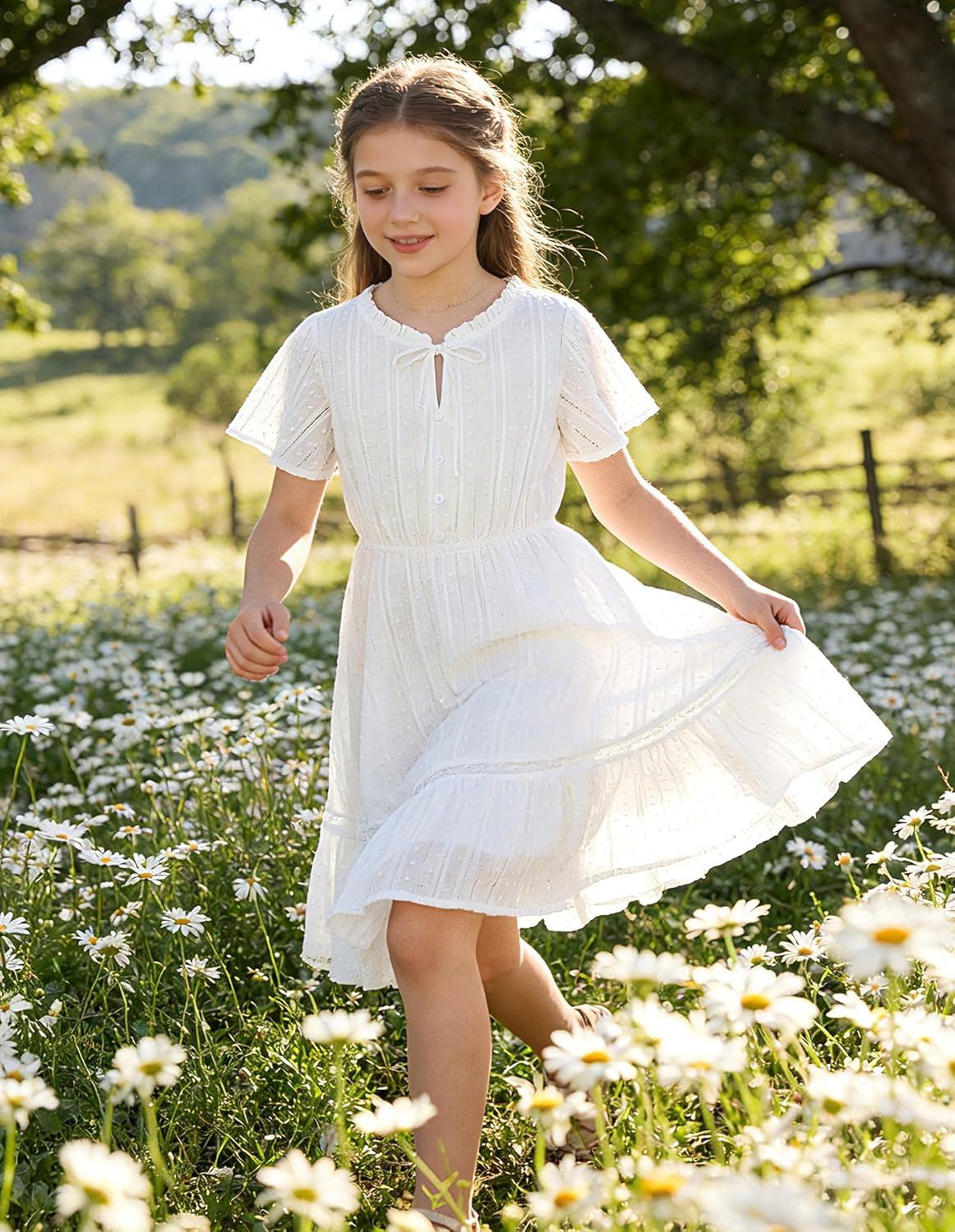 imageGRACE KARIN Girls Swiss Dot Dress Cotton Casual Summer Short Sleeve A Line Party Birthday Beach Kids 714White