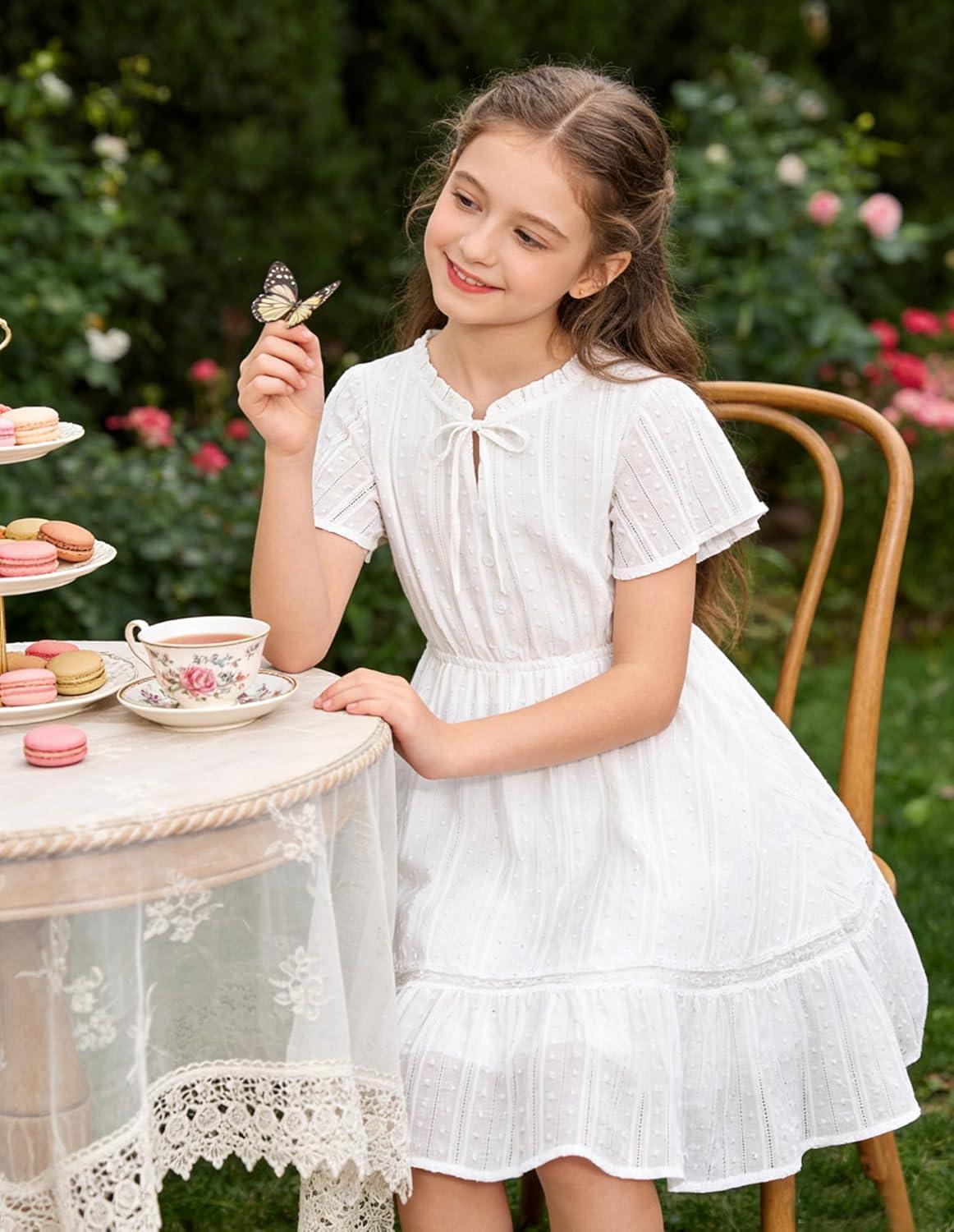 imageGRACE KARIN Girls Swiss Dot Dress Cotton Casual Summer Short Sleeve A Line Party Birthday Beach Kids 714White