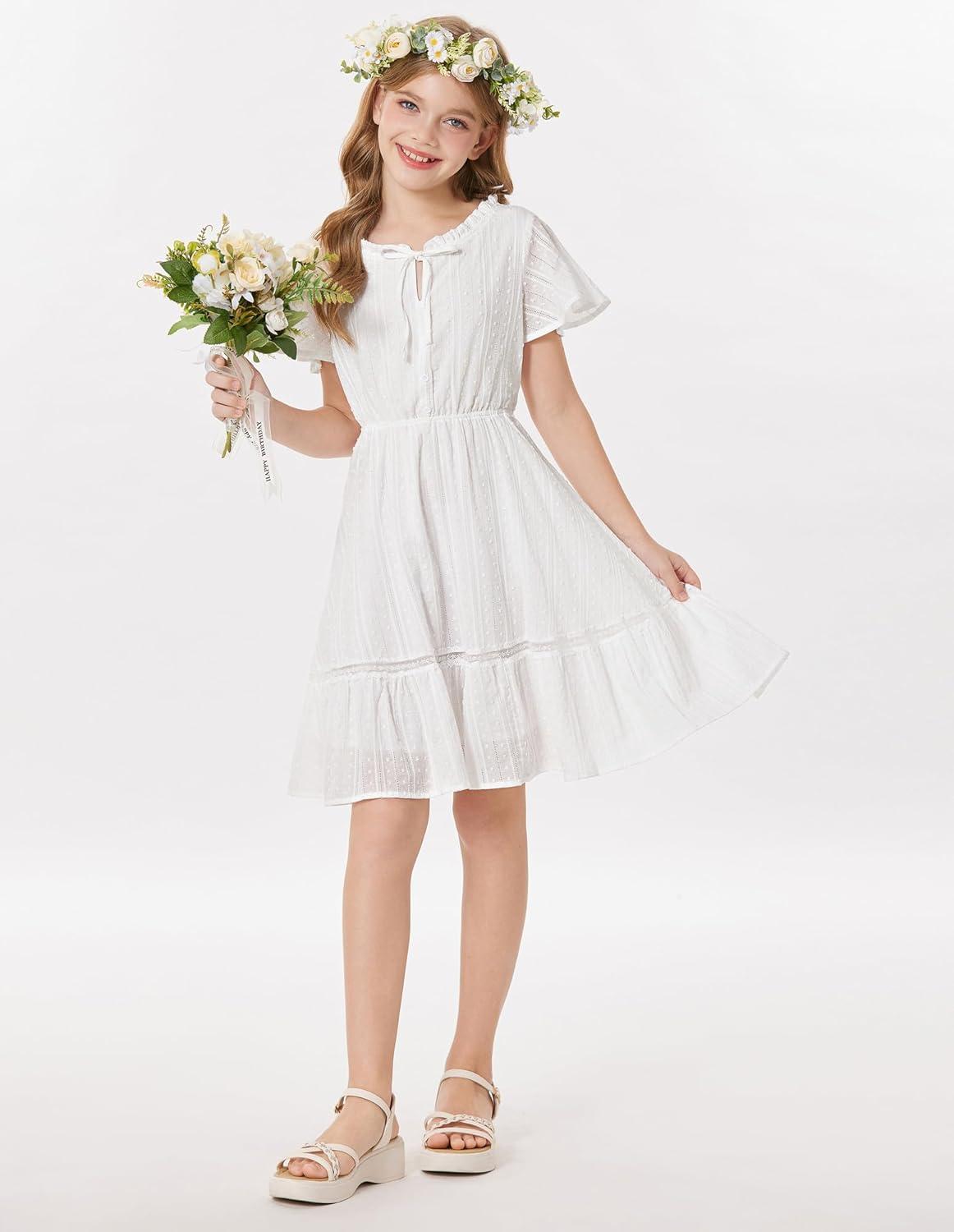 imageGRACE KARIN Girls Swiss Dot Dress Cotton Casual Summer Short Sleeve A Line Party Birthday Beach Kids 714White