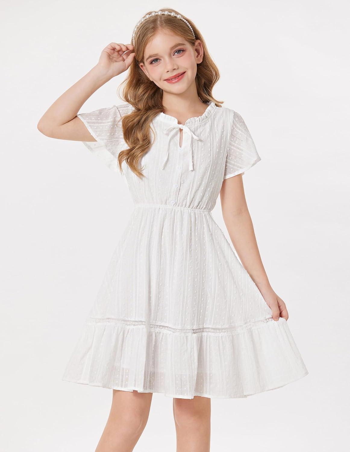 imageGRACE KARIN Girls Swiss Dot Dress Cotton Casual Summer Short Sleeve A Line Party Birthday Beach Kids 714White