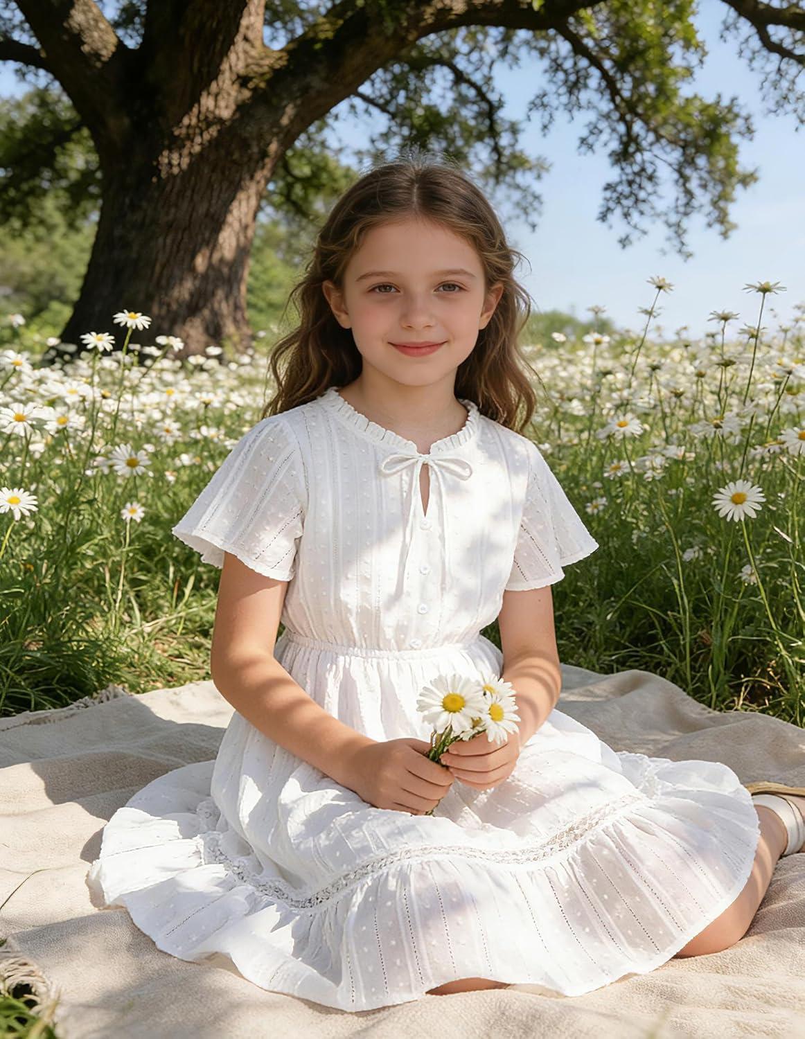 imageGRACE KARIN Girls Swiss Dot Dress Cotton Casual Summer Short Sleeve A Line Party Birthday Beach Kids 714White