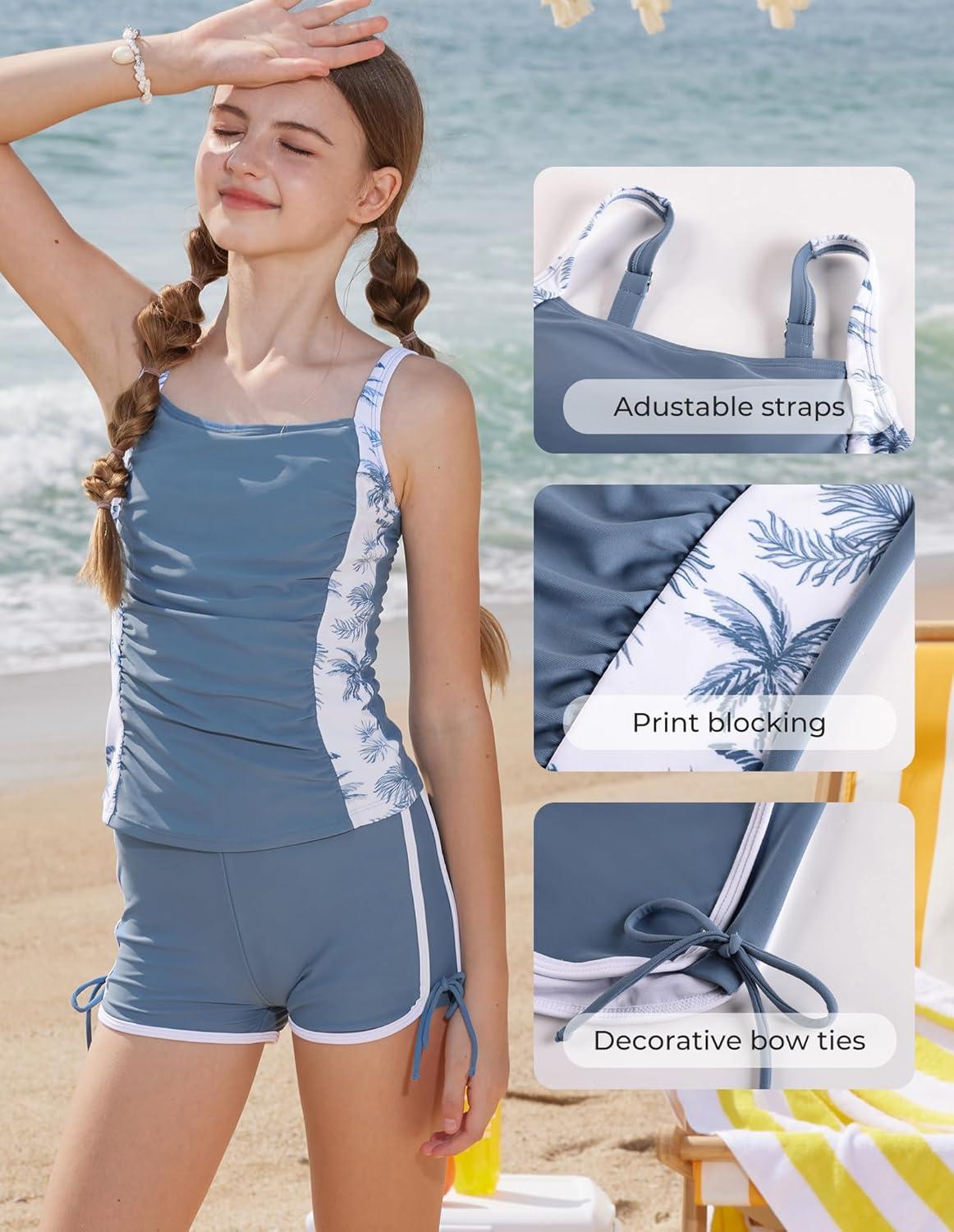imageGRACE KARIN Girls Tankini Swimsuit Tropical Bathing Suits Girl Padded Swim Suit Kids Two Piece SwimwearDusty Blue