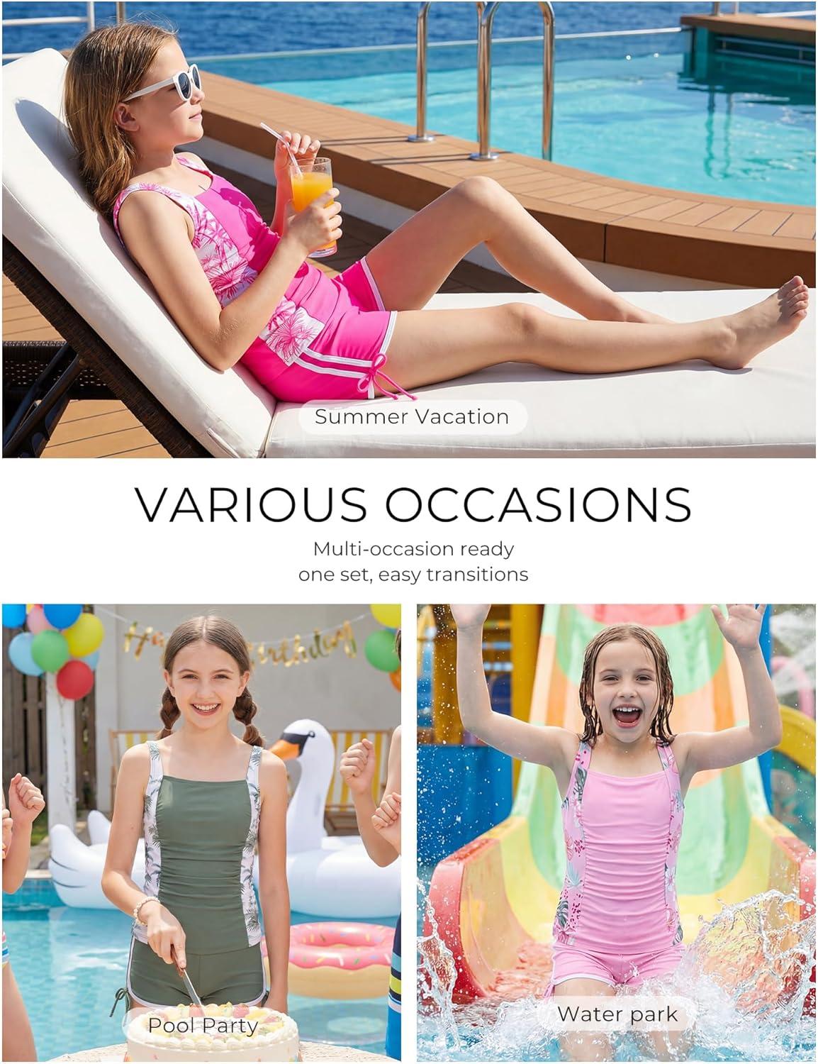 imageGRACE KARIN Girls Tankini Swimsuit Tropical Bathing Suits Girl Padded Swim Suit Kids Two Piece SwimwearDusty Blue