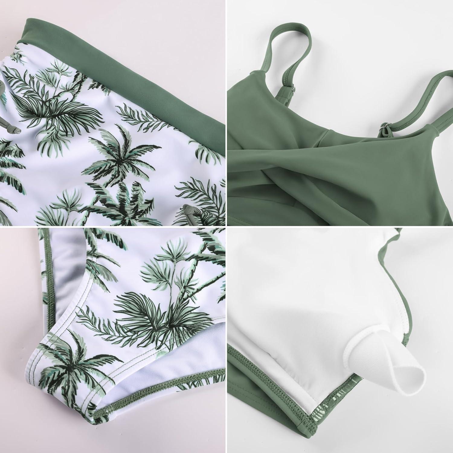 imageGRACE KARIN Girls Two Piece Bikini Hawaiian High Waist Swimsuit Set Teen Bathing Suit for Beach Pool Vacation SummerTropical Green Palms