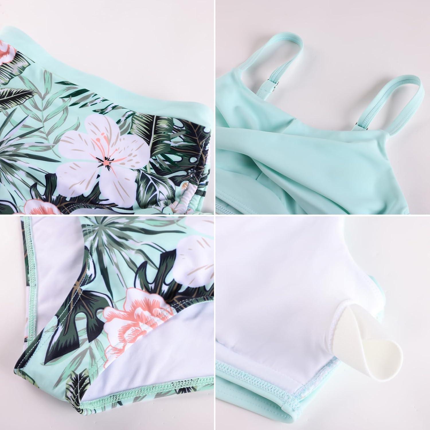 imageGRACE KARIN Girls Two Piece Bikini Hawaiian High Waist Swimsuit Set Teen Bathing Suit for Beach Pool Vacation SummerWhite Florals on Teal