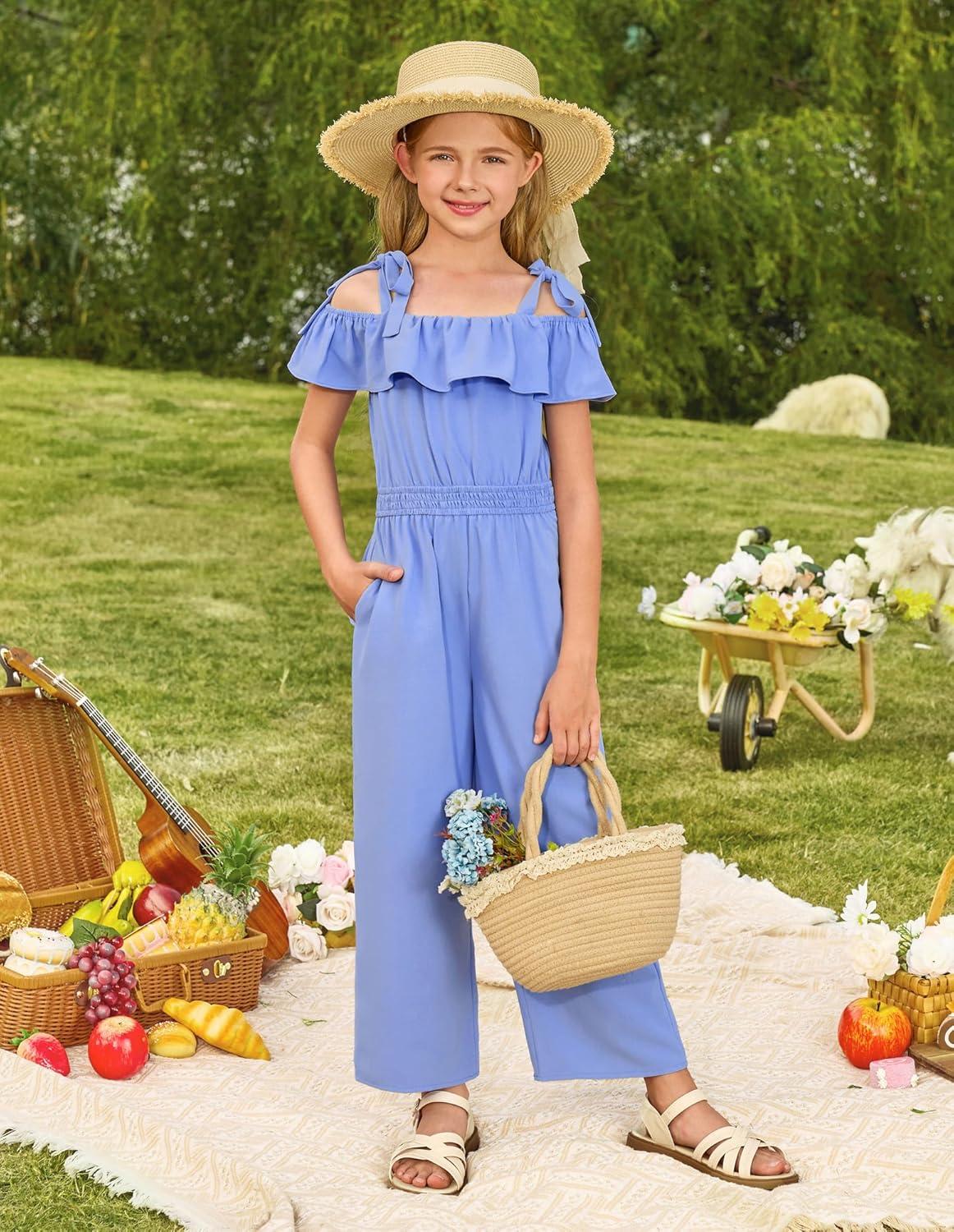 imageGRACE KARIN Girls Wide Leg Jumpsuit Summer Romper Kids Casual One Piece Off Shoulder Ruffle with Pockets Size 714Blue