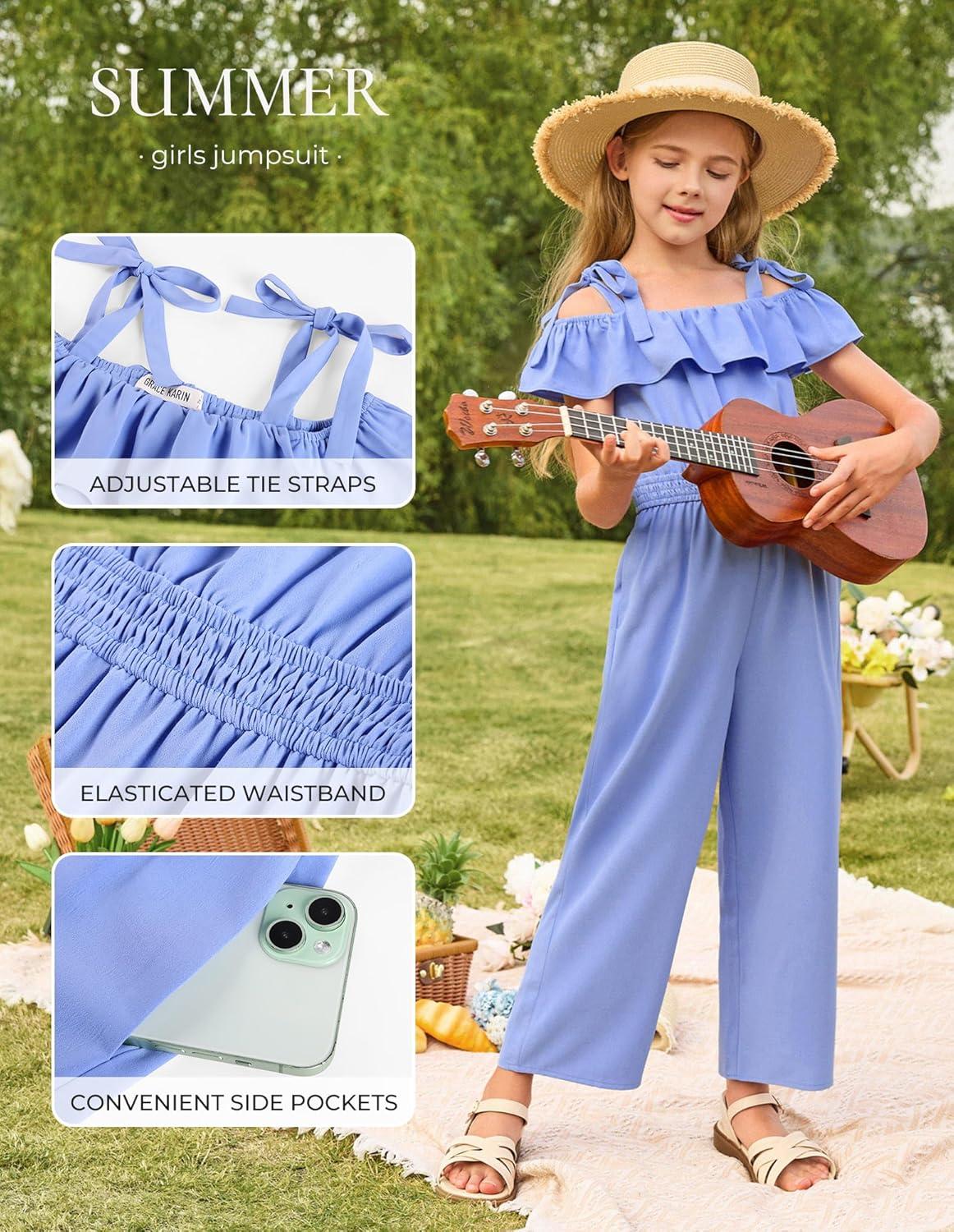 imageGRACE KARIN Girls Wide Leg Jumpsuit Summer Romper Kids Casual One Piece Off Shoulder Ruffle with Pockets Size 714Blue