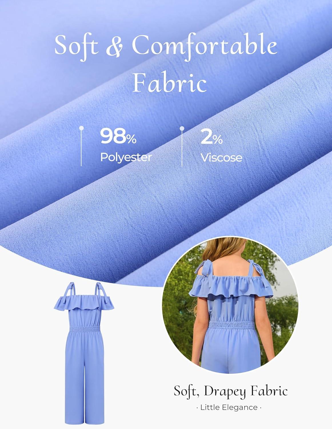 imageGRACE KARIN Girls Wide Leg Jumpsuit Summer Romper Kids Casual One Piece Off Shoulder Ruffle with Pockets Size 714Blue