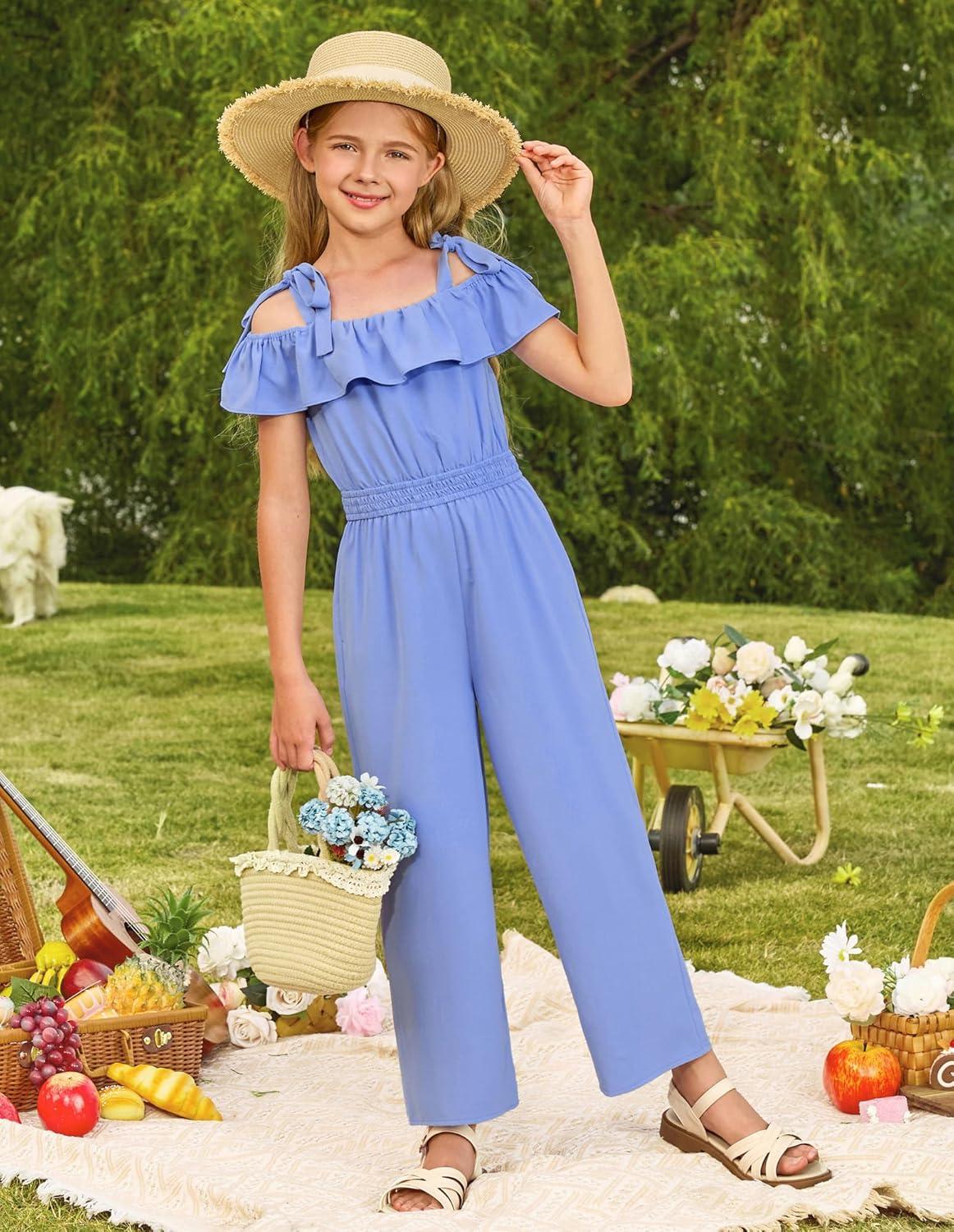 imageGRACE KARIN Girls Wide Leg Jumpsuit Summer Romper Kids Casual One Piece Off Shoulder Ruffle with Pockets Size 714Blue