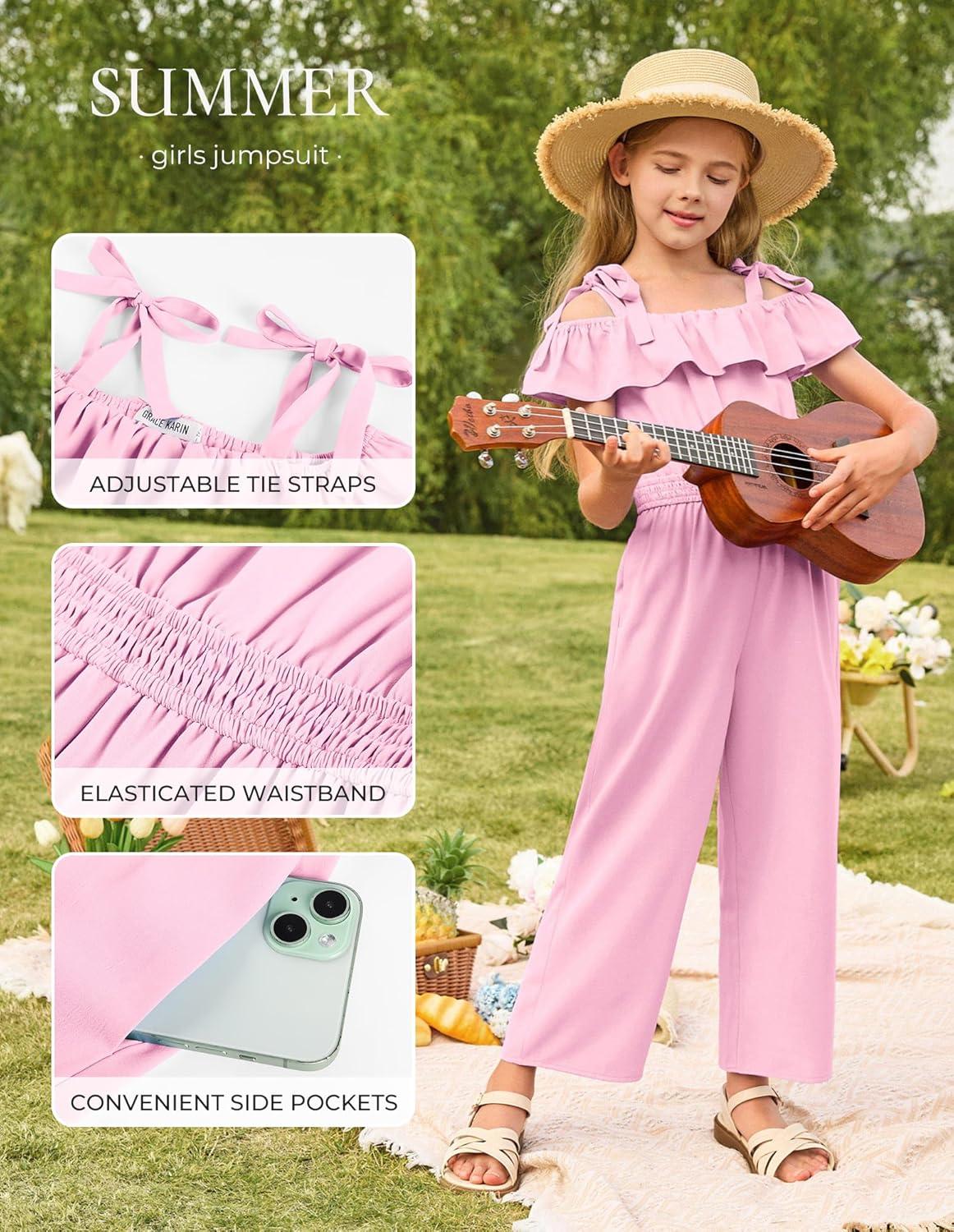 imageGRACE KARIN Girls Wide Leg Jumpsuit Summer Romper Kids Casual One Piece Off Shoulder Ruffle with Pockets Size 714Pink