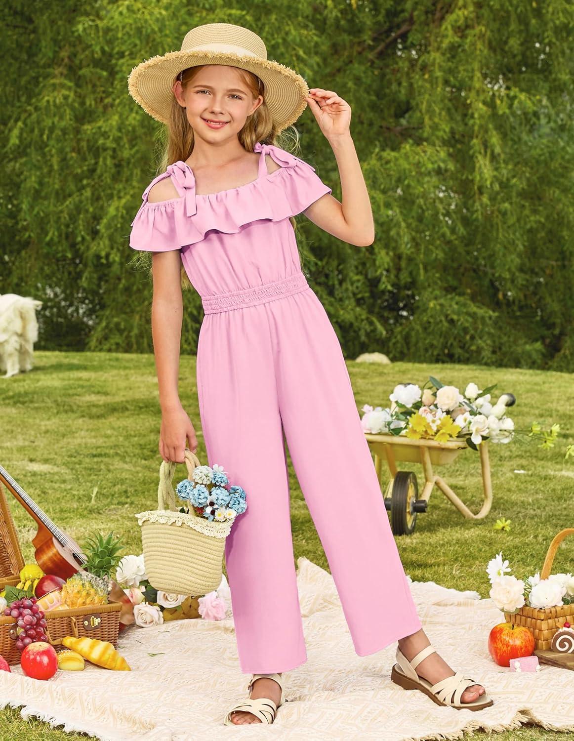 imageGRACE KARIN Girls Wide Leg Jumpsuit Summer Romper Kids Casual One Piece Off Shoulder Ruffle with Pockets Size 714Pink
