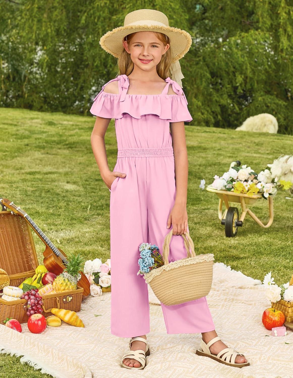 imageGRACE KARIN Girls Wide Leg Jumpsuit Summer Romper Kids Casual One Piece Off Shoulder Ruffle with Pockets Size 714Pink