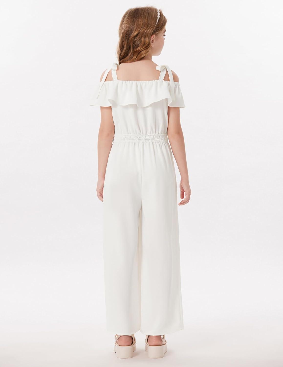 imageGRACE KARIN Girls Wide Leg Jumpsuit Summer Romper Kids Casual One Piece Off Shoulder Ruffle with Pockets Size 714White
