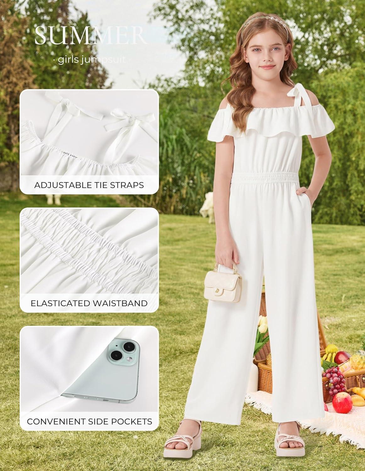 imageGRACE KARIN Girls Wide Leg Jumpsuit Summer Romper Kids Casual One Piece Off Shoulder Ruffle with Pockets Size 714White