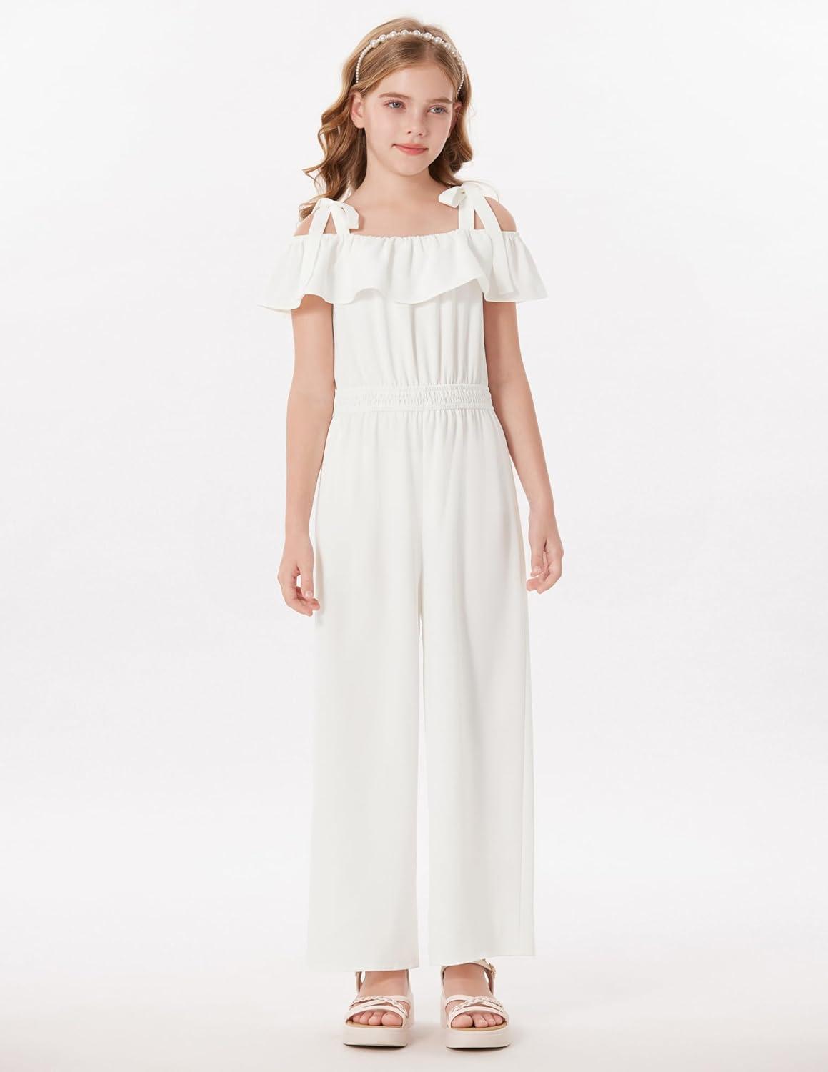imageGRACE KARIN Girls Wide Leg Jumpsuit Summer Romper Kids Casual One Piece Off Shoulder Ruffle with Pockets Size 714White