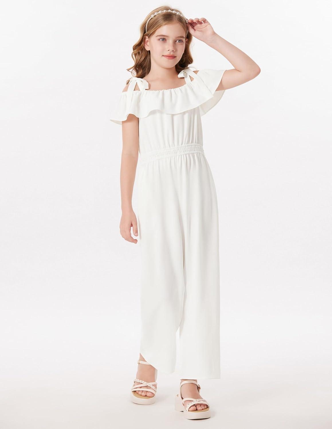 imageGRACE KARIN Girls Wide Leg Jumpsuit Summer Romper Kids Casual One Piece Off Shoulder Ruffle with Pockets Size 714White