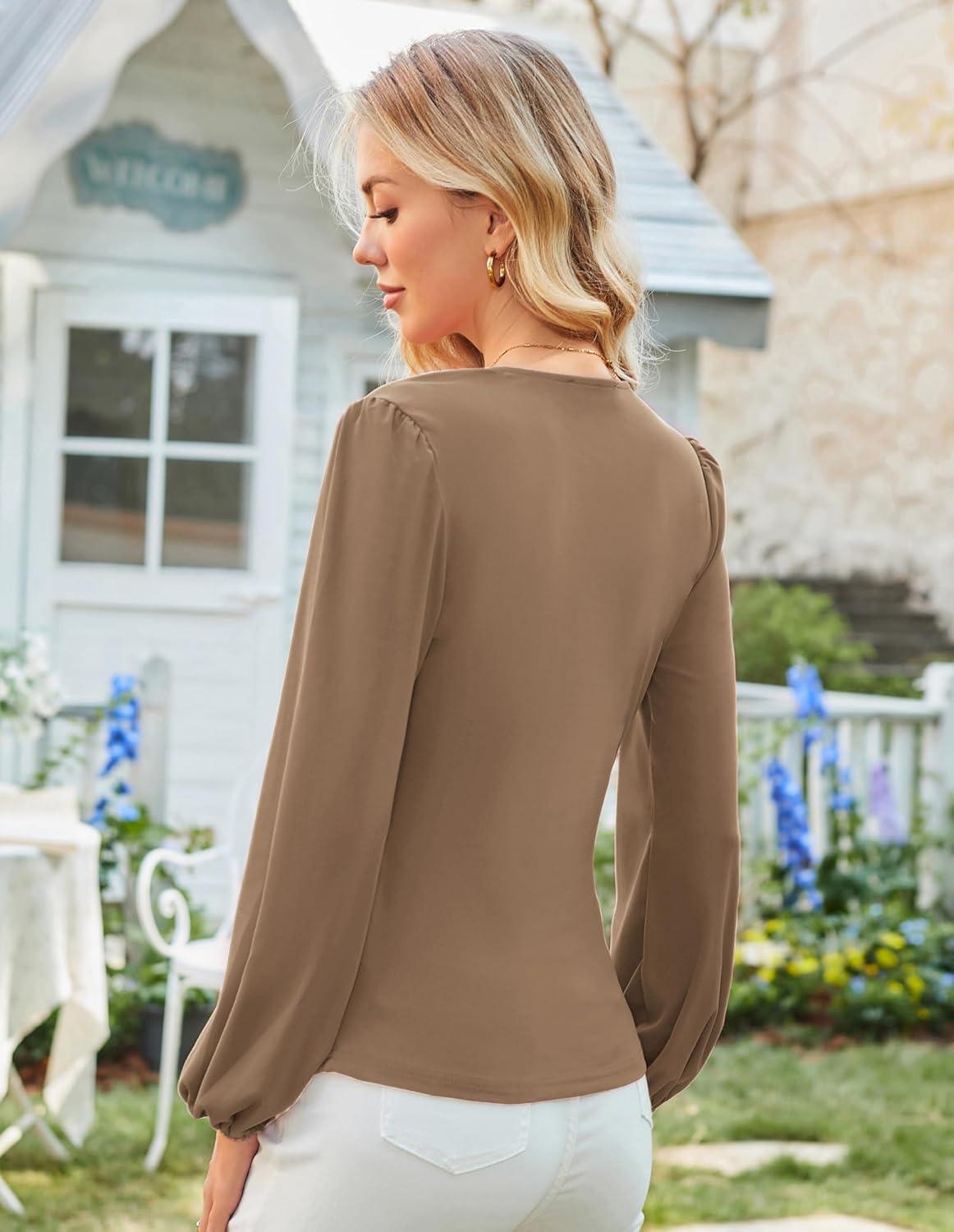 imageGRACE KARIN Long Sleeve Blouses for Women Dressy Casual Wrap Tops Work Shirts 2026 Spring Business OutfitsKhaki 2