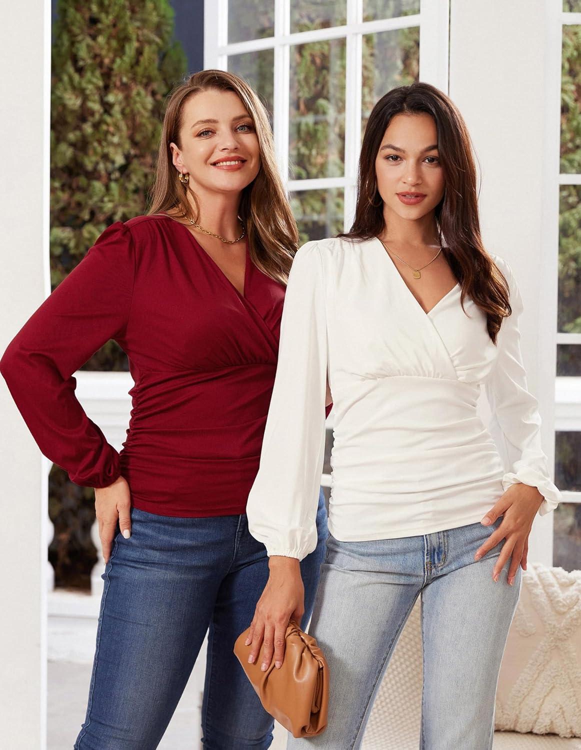 imageGRACE KARIN Long Sleeve Blouses for Women Dressy Casual Wrap Tops Work Shirts 2026 Spring Business OutfitsWhite